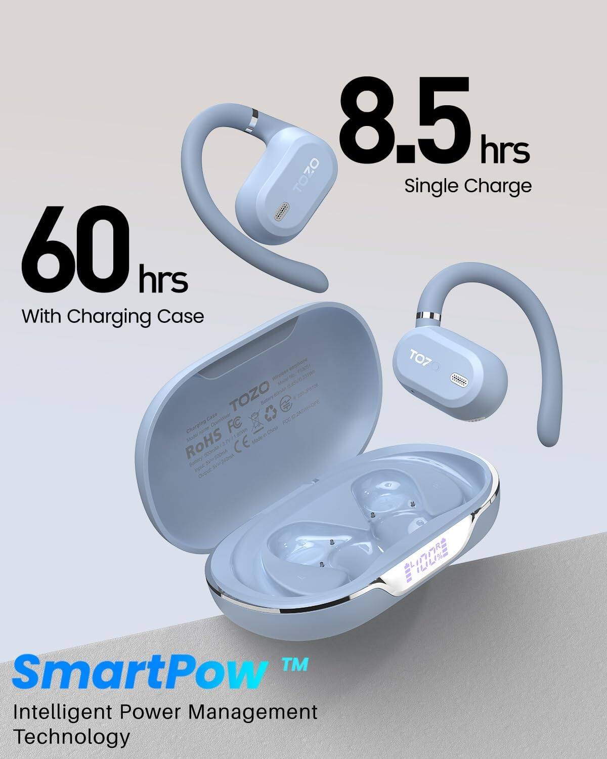 8.5 hrs TOZO Single Charge  
60 hrs With Charging Case  
TO7 Movees  
SmartPow™ Intelligent Power Management Technology