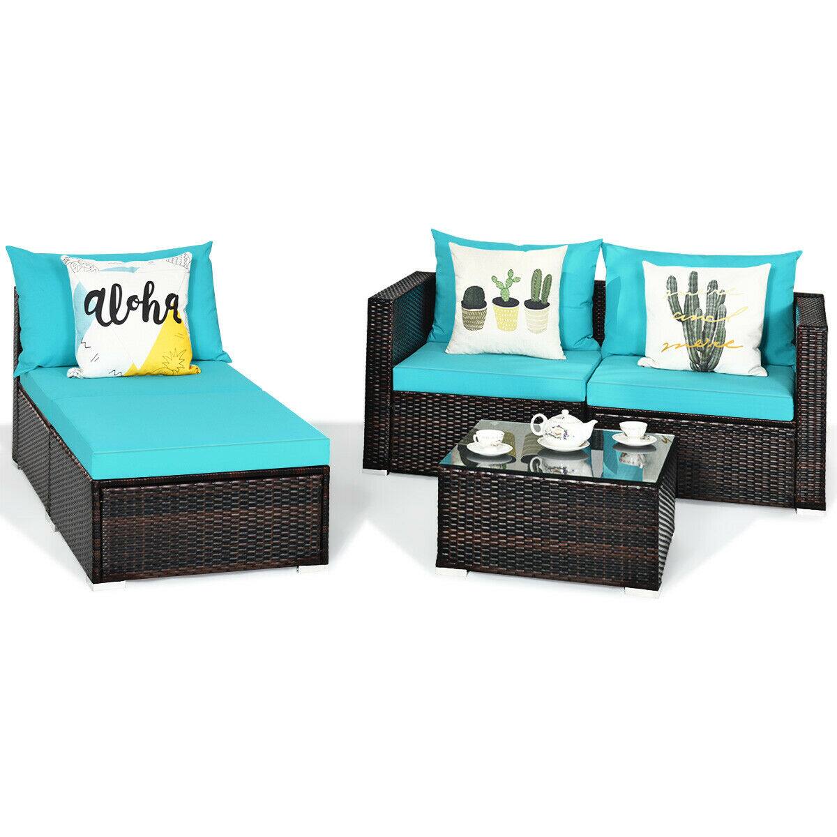 Alt View 3. Gymax - Gymax 5PCS Cushioned Rattan Patio Conversation Set w/ Coffee Table Ottoman - Blue.