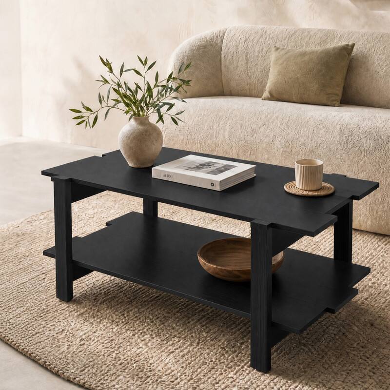 Angle. WELLFOR - 2-Tier Coffee Table with Storage Shelf, Rectangle Wood Center Table for Living Room - Black.