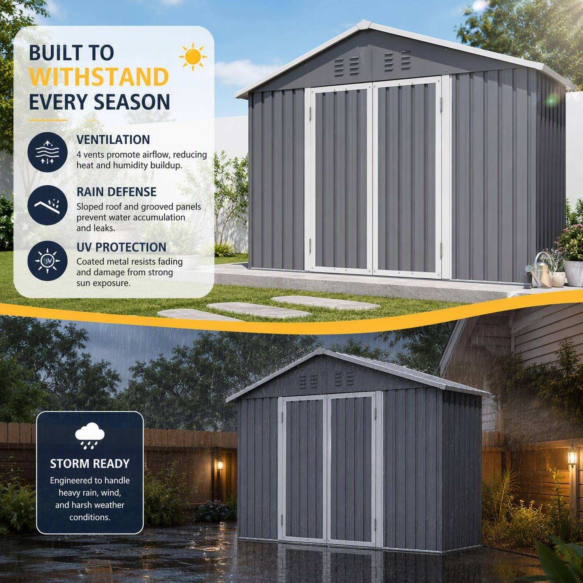 BUILT TO WITHSTAND EVERY SEASON

VENTILATION
4 vents promote airflow, reducing heat and humidity buildup.

RAIN DEFENSE
Sloped roof and grooved panels prevent water accumulation and leaks.

UV PROTECTION
Coated metal resists fading and damage from strong sun exposure.

STORM READY
Engineered to handle heavy rain, wind, and harsh weather conditions.