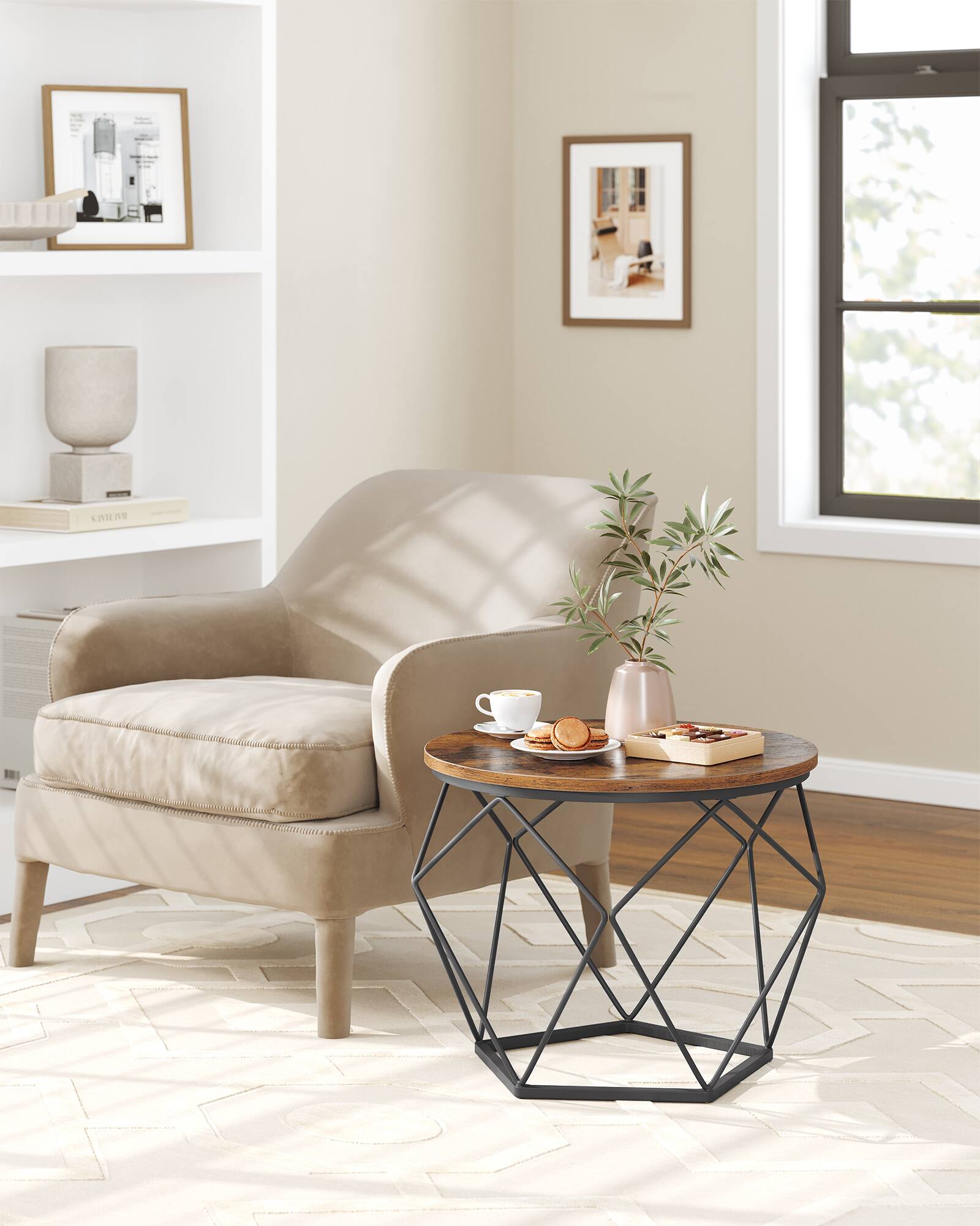 Back. Songmics Home - Small Coffee Table Set of 2, Round Coffee Table with Steel Frame, Side End Table for Living Room, Bedroom, Office - Rustic Brown and Ink Black.