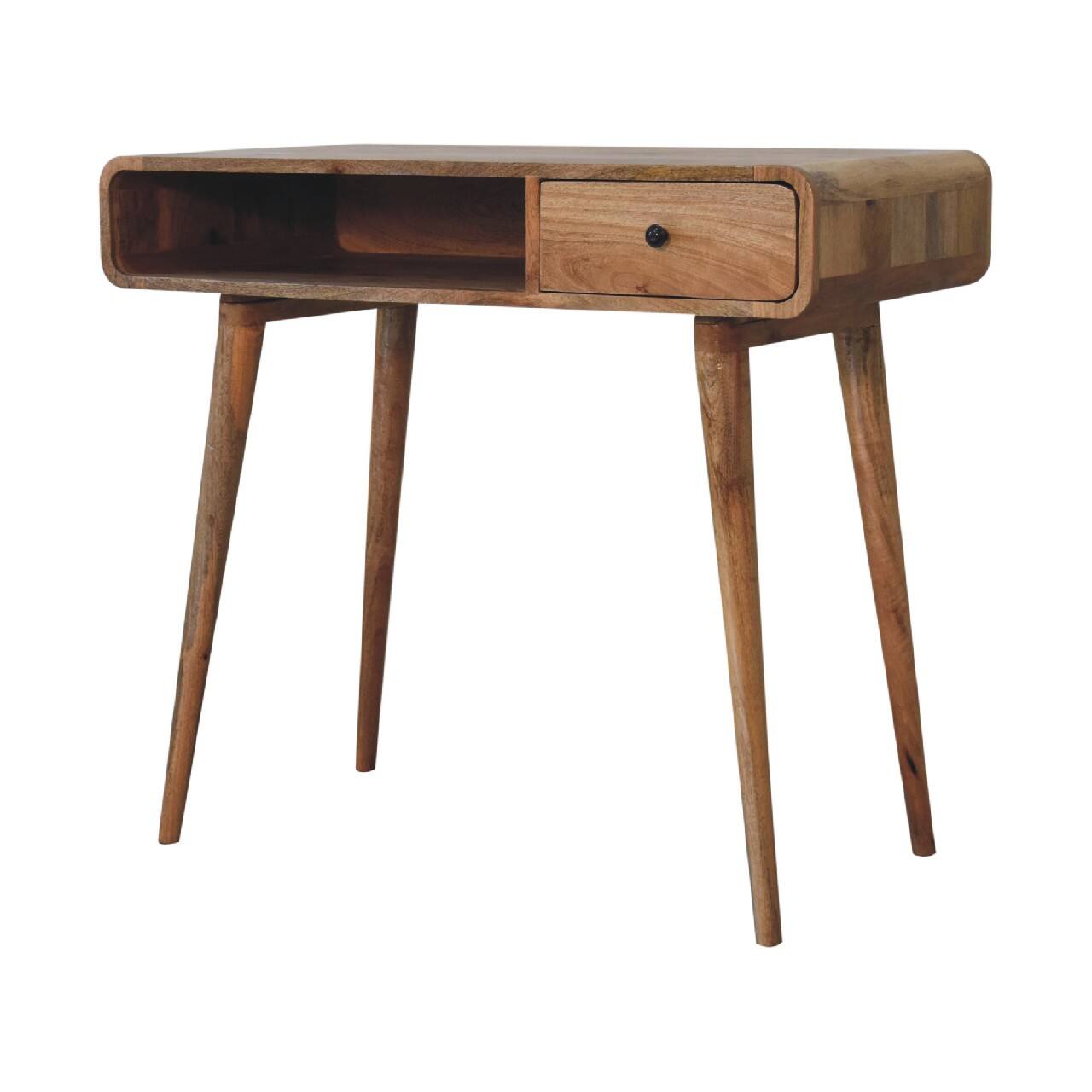 Left. Artisan Furniture - Artisan Furniture Solid Wood Curved Oak-ish Writing Desk, 1 Drawer, 1 Shelf - Brown.
