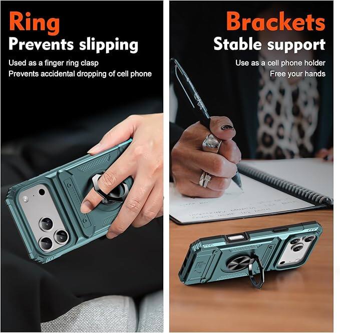 **Ring**  
Prevents slipping  
Used as a finger ring clasp  
Prevents accidental dropping of cell phone  

**Brackets**  
Stable support  
Use as a cell phone holder  
Free your hands