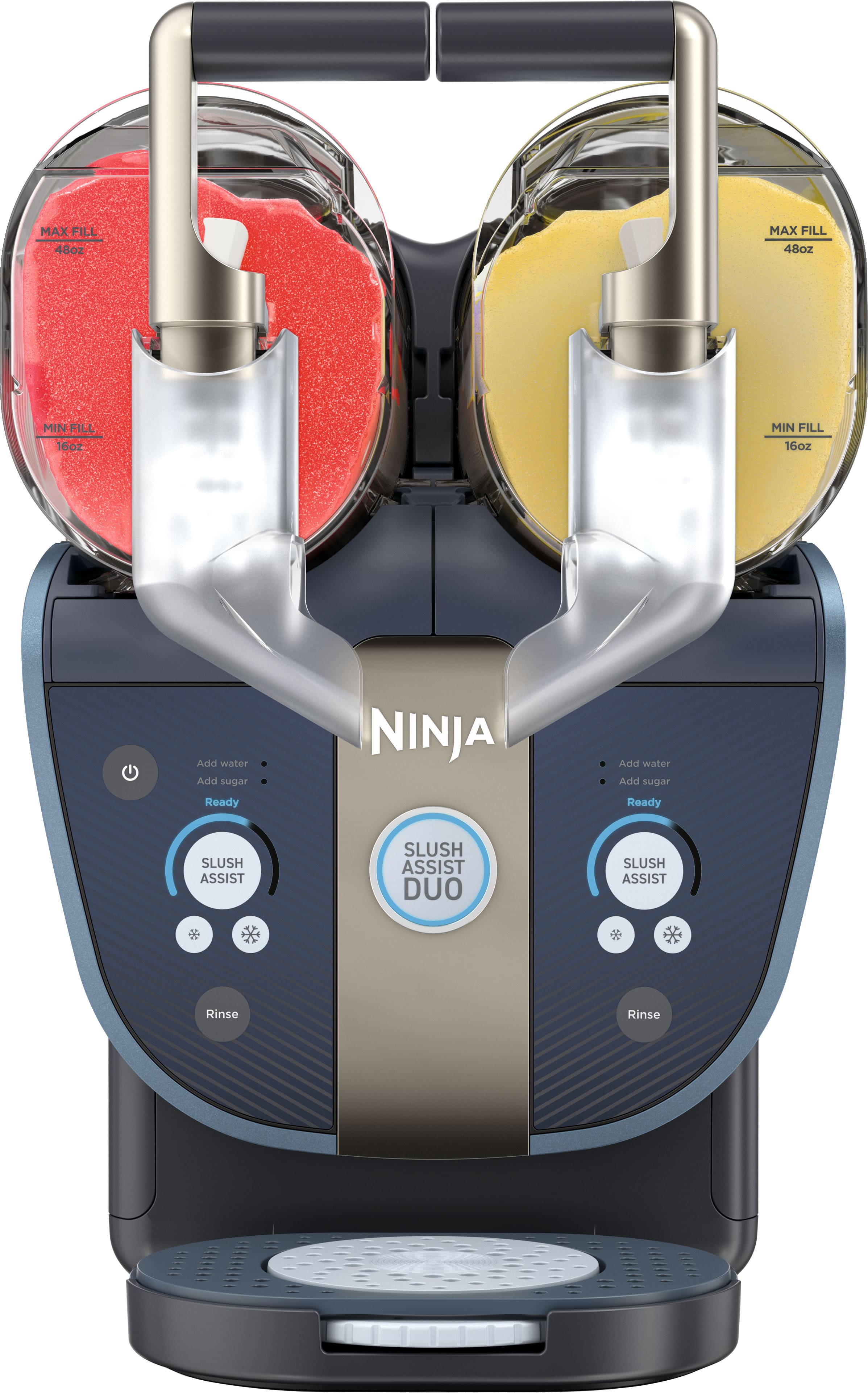 MAX FILL 48oz  
MIN FILL 16oz  

Add water  
Add sugar  
Ready  

SLUSH ASSIST DUO  

Rinse  

NINJA