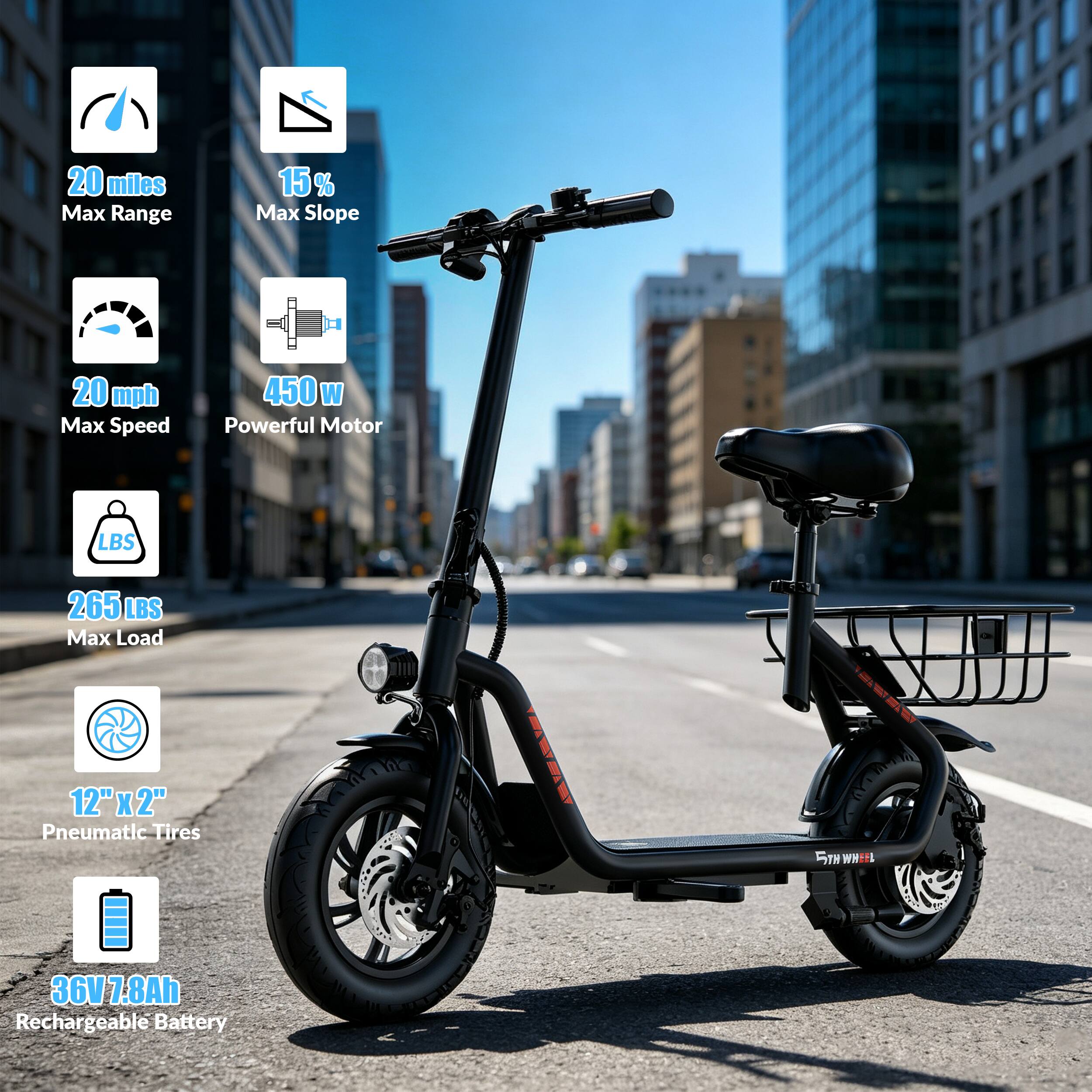20 miles Max Range  
15% Max Slope  

20 mph Max Speed  
450 W Powerful Motor  

265 LBS Max Load  
12" x 2" Pneumatic Tires  

36V 7.8Ah Rechargeable Battery