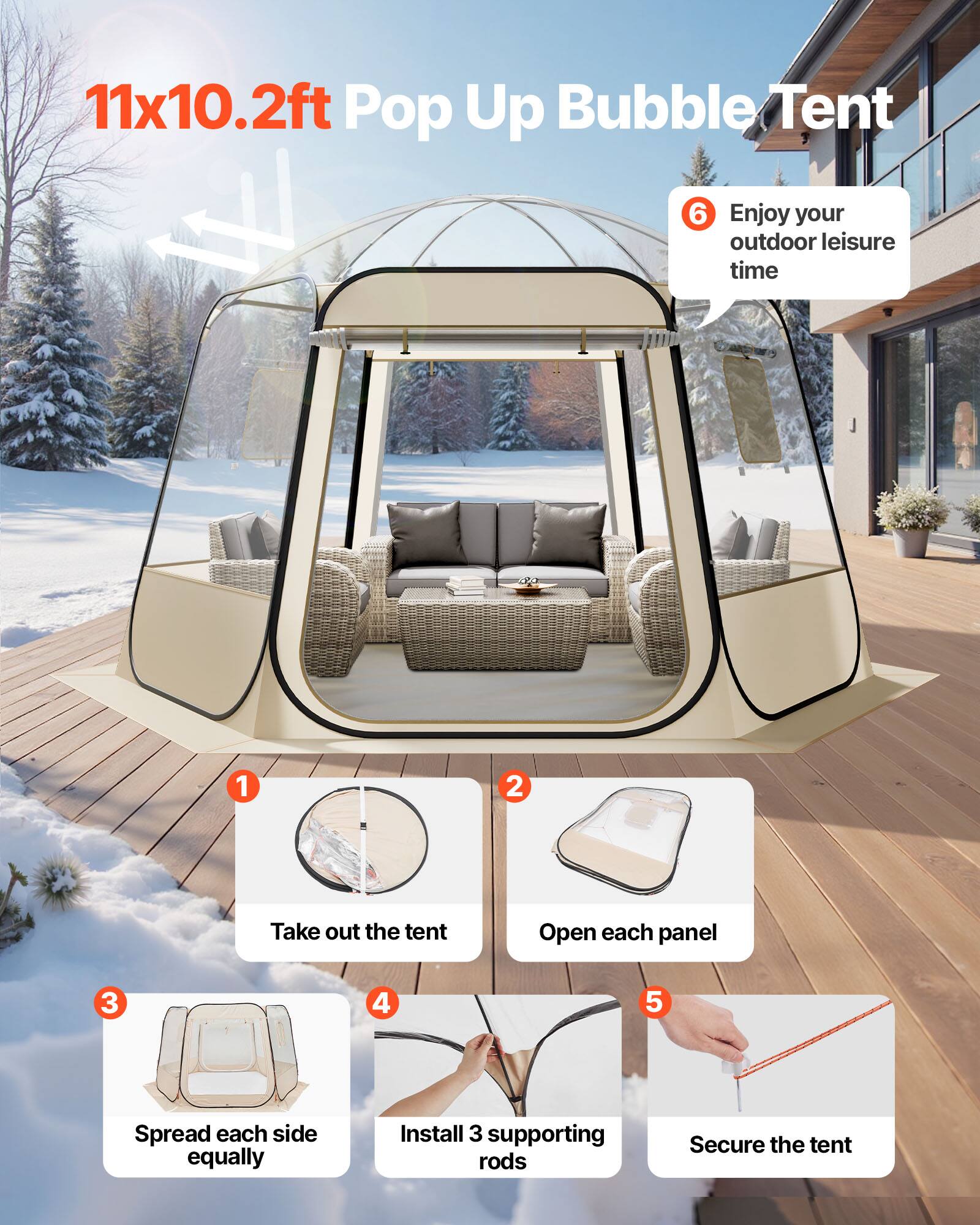 1. Take out the tent  
2. Open each panel  
3. Spread each side equally  
4. Install 3 supporting rods  
5. Secure the tent  
6. Enjoy your outdoor leisure time