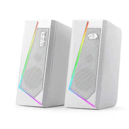 Front. REDRAGON - GS520 Wired 2.0 Channel Stereo Sound Desktop RGB Computer Speakers - White.
