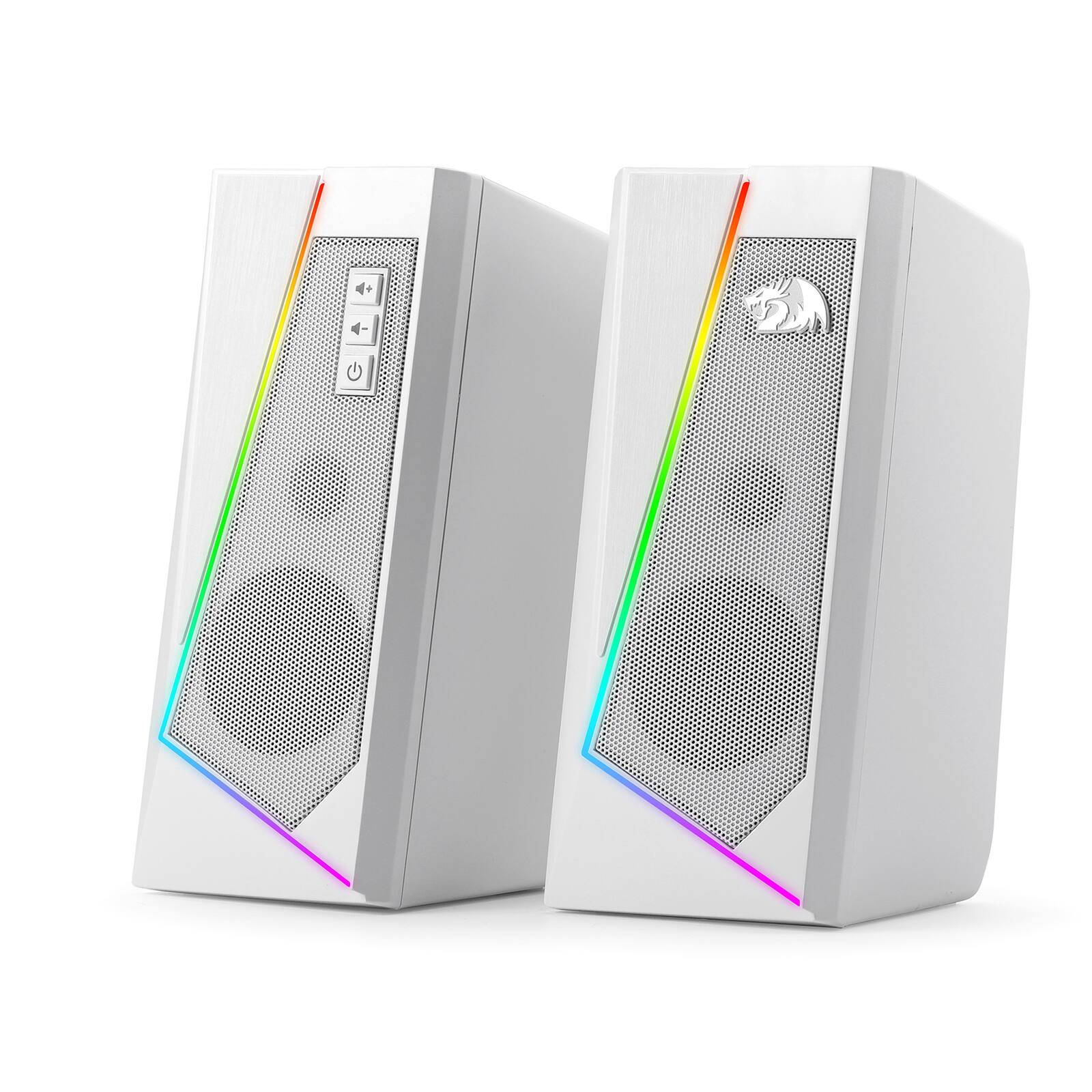 Front. REDRAGON - GS520 Wired 2.0 Channel Stereo Sound Desktop RGB Computer Speakers - White.