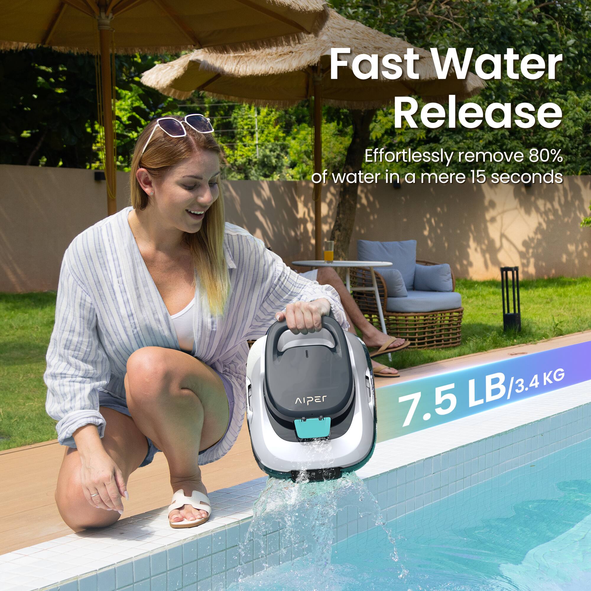 Fast Water Release  
Effortlessly remove 80% of water in a mere 15 seconds  

7.5 LB/3.4 KG