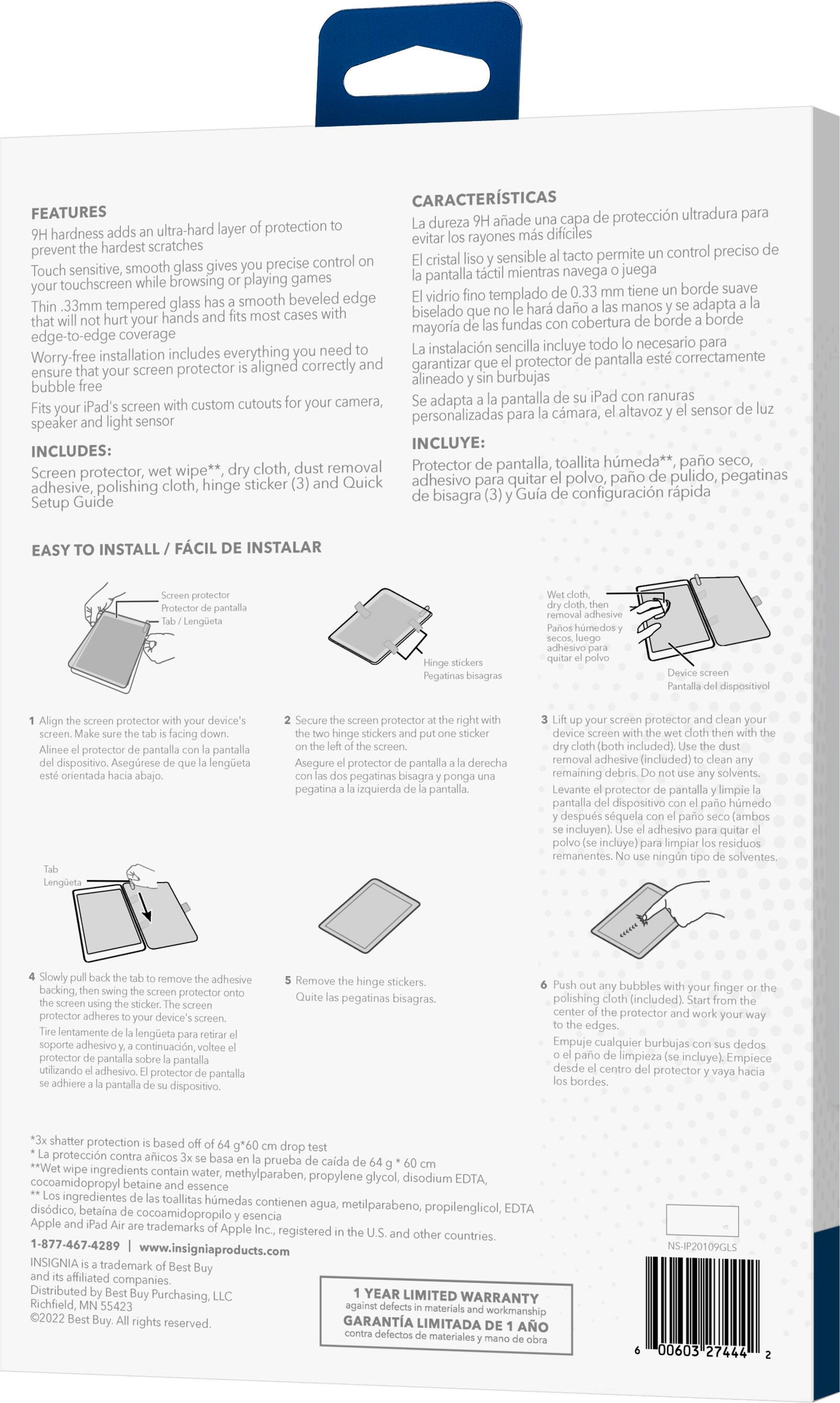 The image features a product with a label that includes a list of features and instructions. The label is written in Spanish. The product is a screen protector for an iPad, which offers various benefits such as ultra durability, hardness, and protection against scratches. The label also highlights the touch sensitivity and smoothness of the glass, ensuring that users can enjoy a precise touchscreen experience while browsing or playing games. The package includes a screen wipe, cloth, dust removal tool, and a hinge sticker for easy installation. The label also provides a quick setup guide for users to follow.