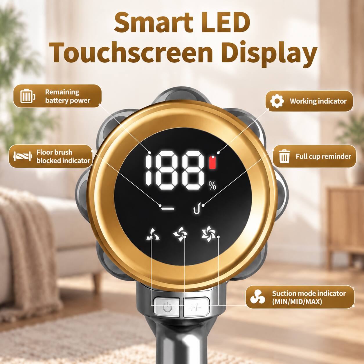 Smart LED Touchscreen Display

- Remaining battery power
- Working indicator
- Floor brush blocked indicator
- Full cup reminder
- Suction mode indicator (MIN/MID/MAX)