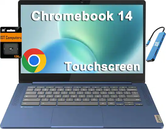 Front. Lenovo - IdeaPad Slim 3 Chromebook 14" FHD Touchscreen Laptop - MediaTek Kompanio 8-Core Processor - 192GB Storage - Chrome OS - Abyss Blue.