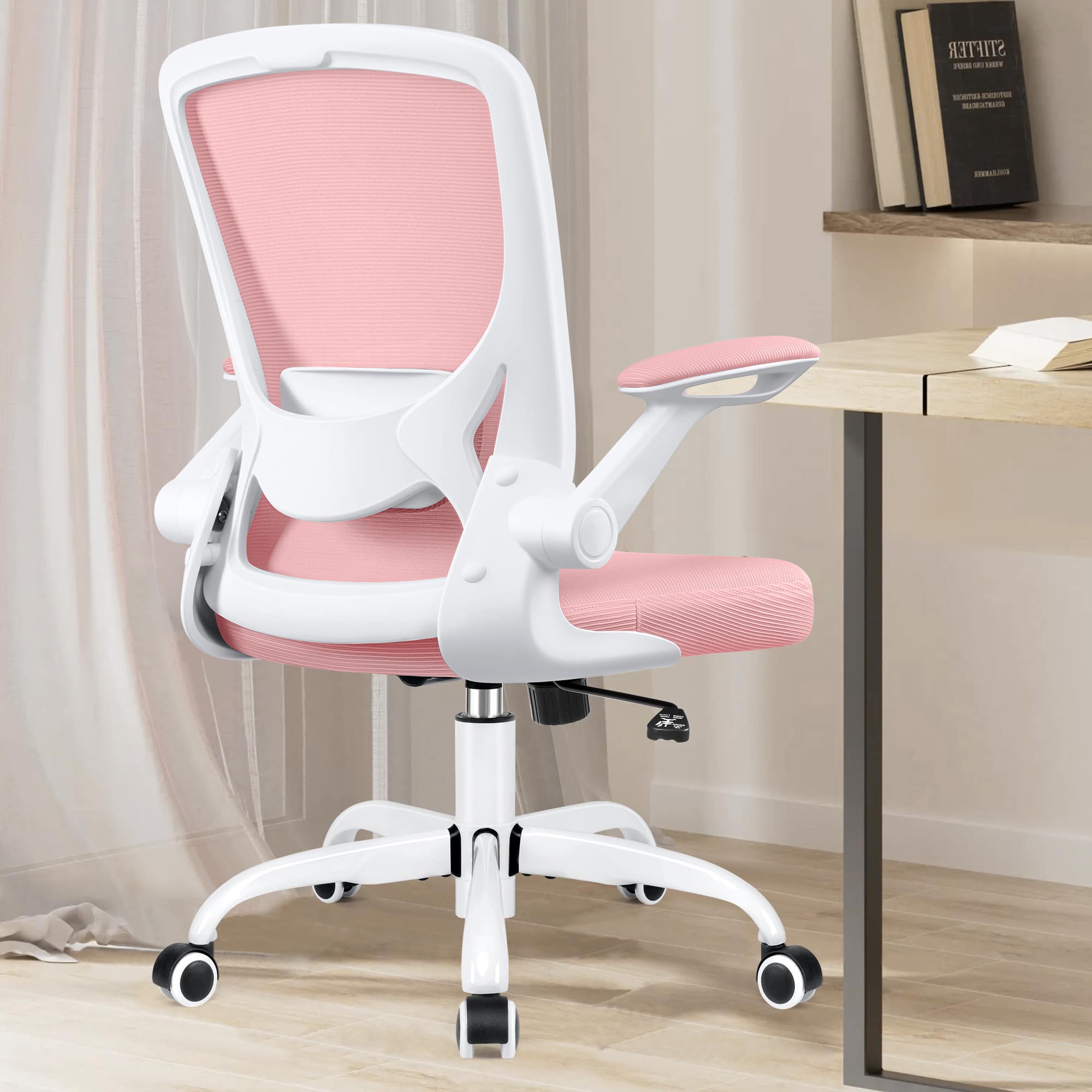 Brick Attic - 300LBS Ergonomic Adjustable Height Office Chair, Breathable Mesh Desk Chair with Lumbar Support and Flip-up Arms - Pink