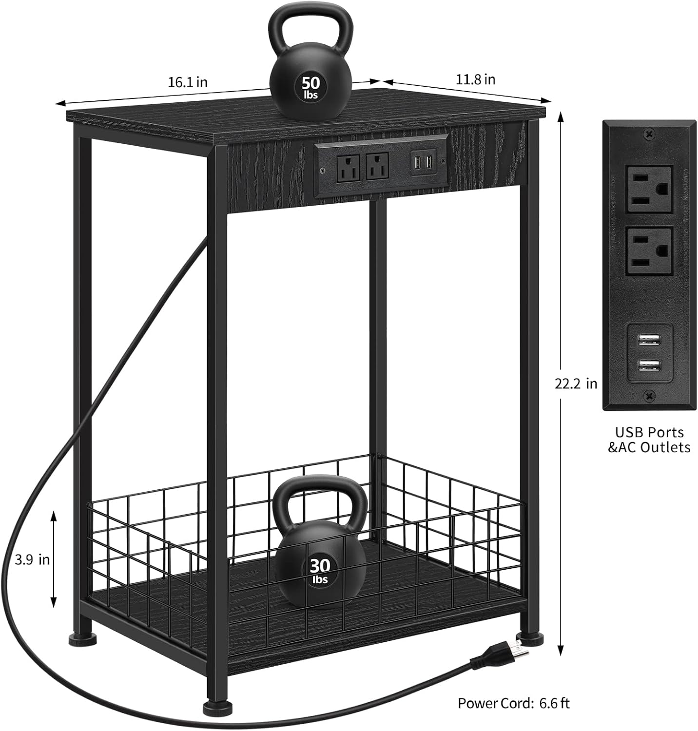 16.1 in x 11.8 in x 3.9 in  
50 lbs  
USB Ports & AC Outlets  
22.2 in  
Power Cord: 6.6 ft