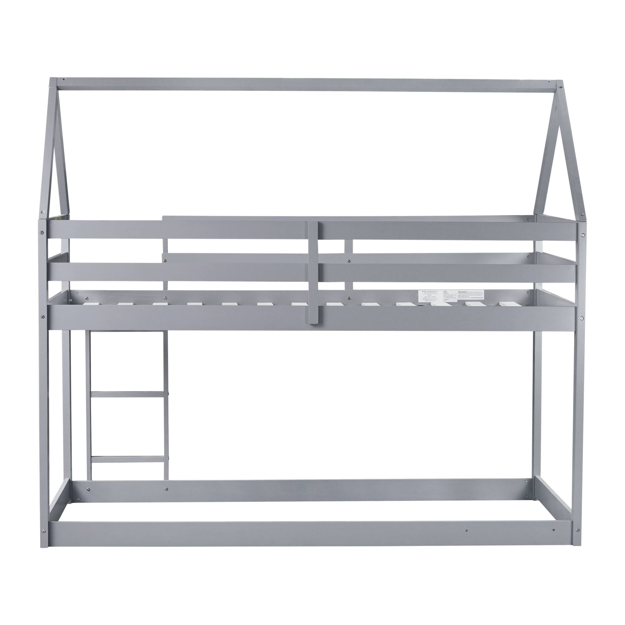 Back. GOODSILO - House-Shaped Twin Over Twin Rubber Wood Bunk Bed with Ladder and Guardrails for Kids - Grey.