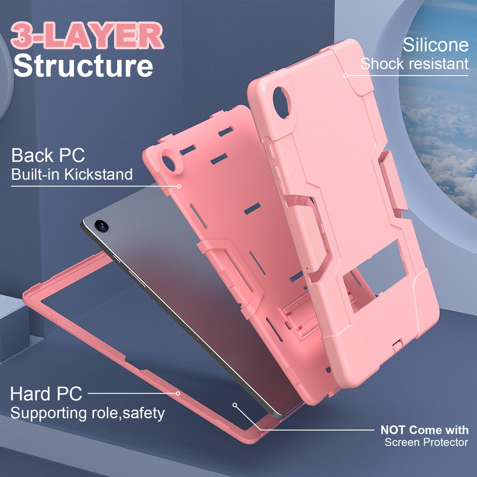 3-LAYER Structure Silicone Shock resistant Back PC Built-in Kickstand Hard PC Supporting role, safety NOT Come with Screen Protector