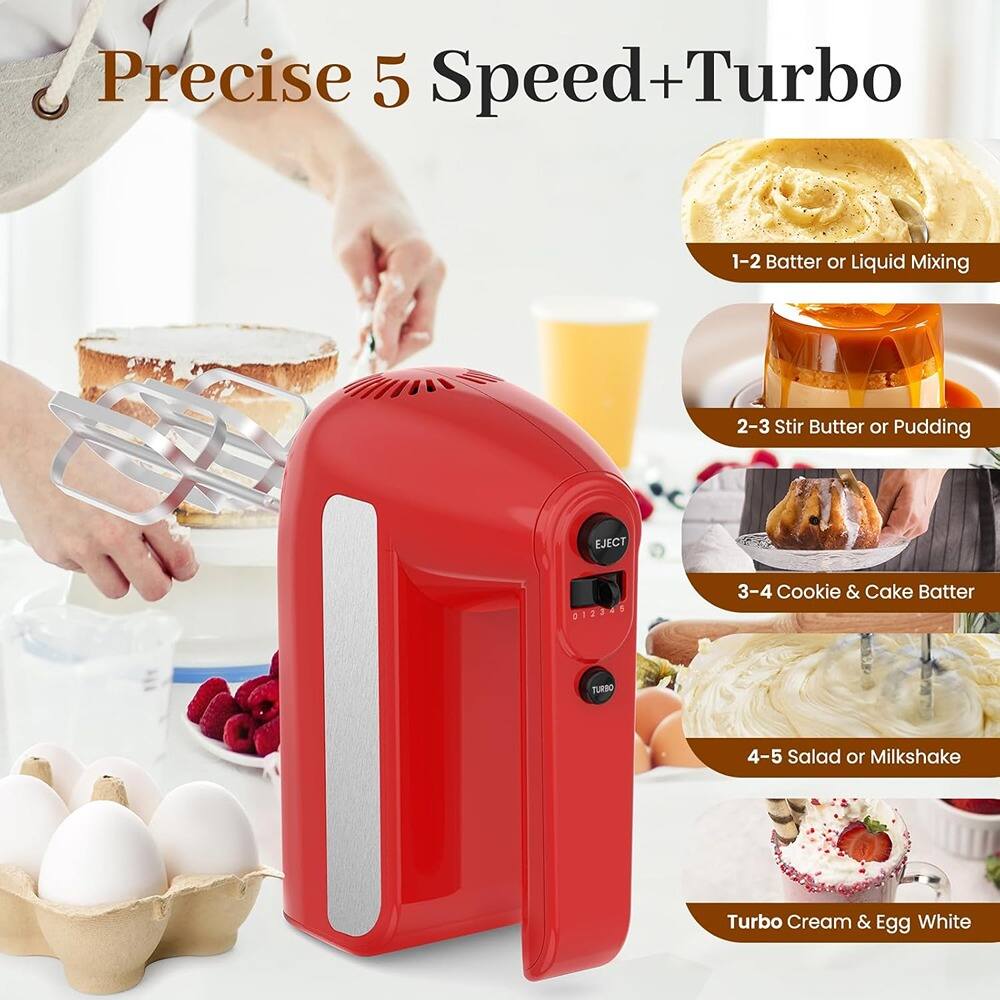 Precise 5 Speed+Turbo

1-2 Batter or Liquid Mixing  
2-3 Stir Butter or Pudding  
3-4 Cookie & Cake Batter  
4-5 Salad or Milkshake  
Turbo Cream & Egg White