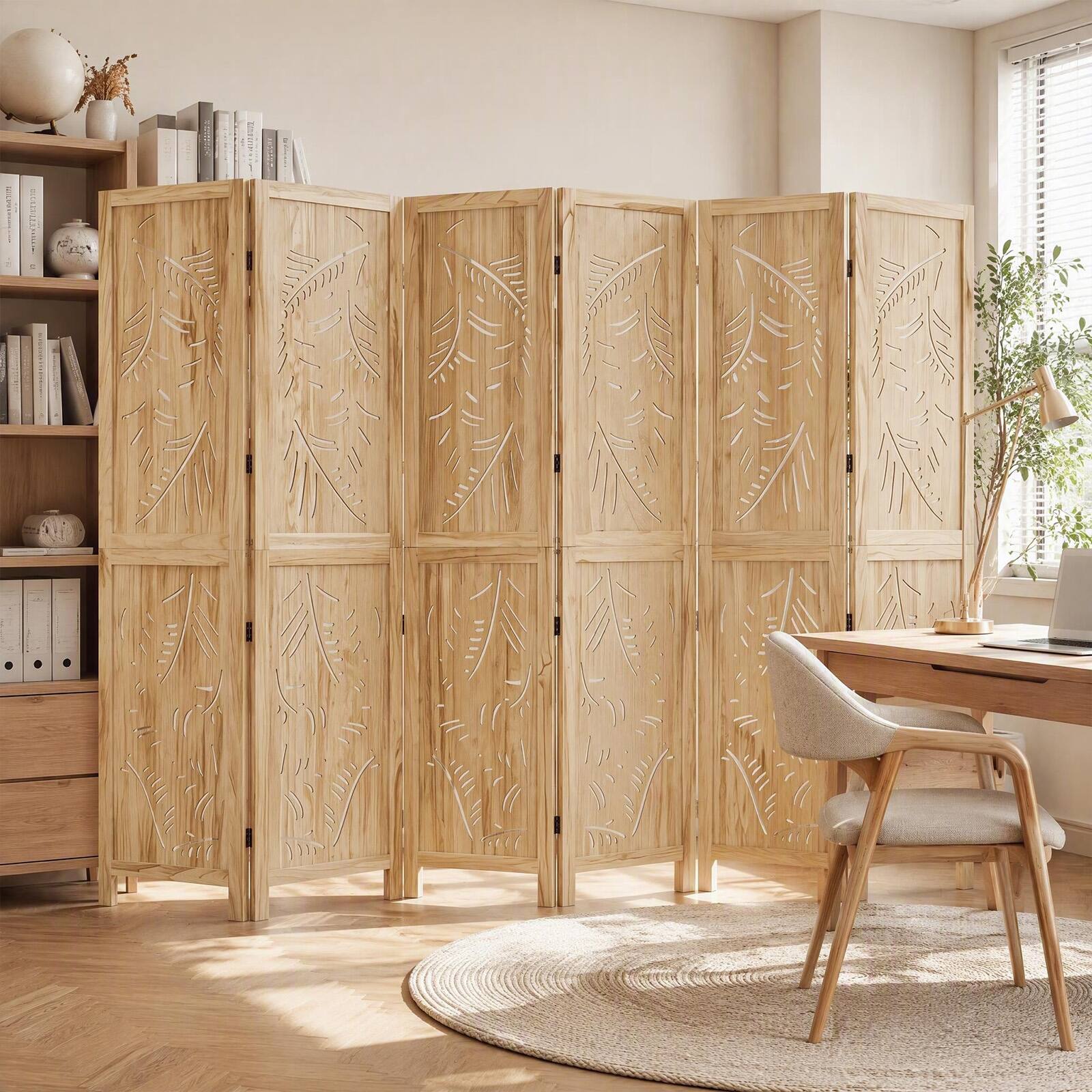Alt View 4. Costway - Costway 6-Panel Wooden Room Divider Privacy Screen with Palm Leaf Design Panels for Home - Natural.