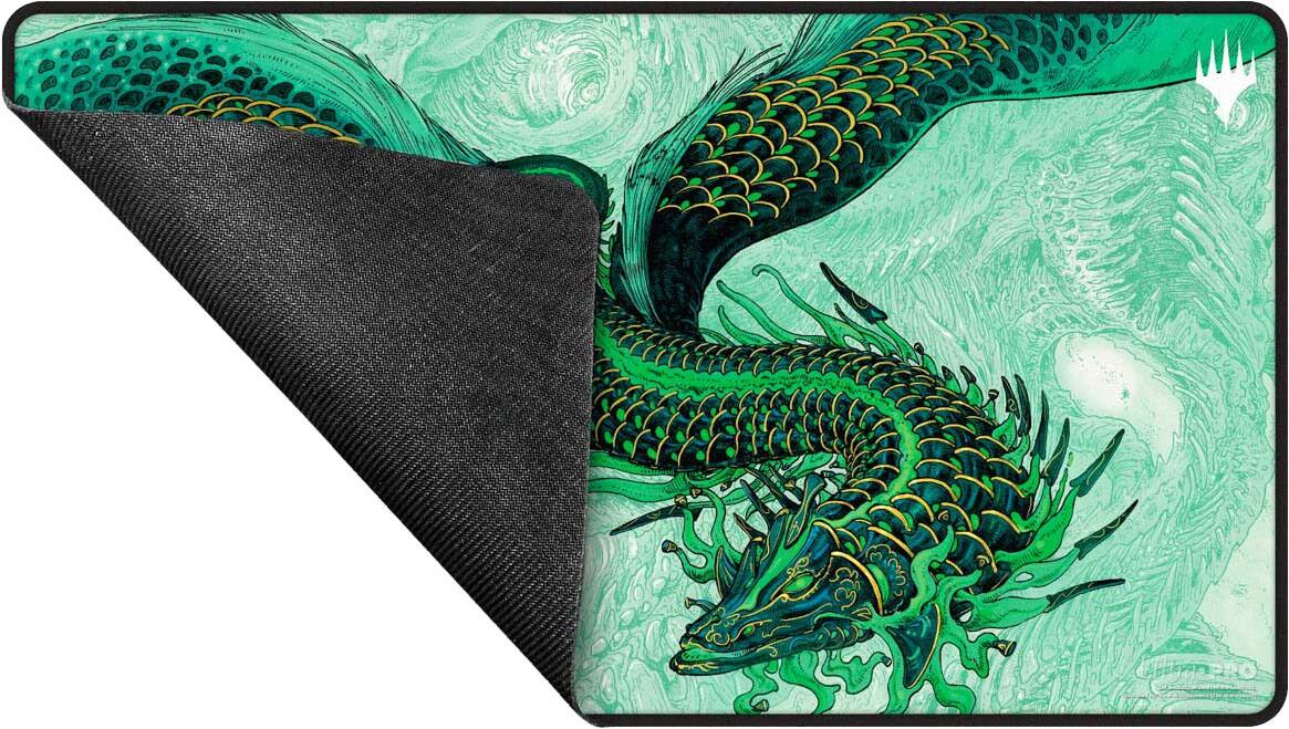 Angle. Ultra PRO - Tarkir Dragonstorm Teval, Arbiter of Virtue Black Stitched Playmat for Magic: The Gathering.