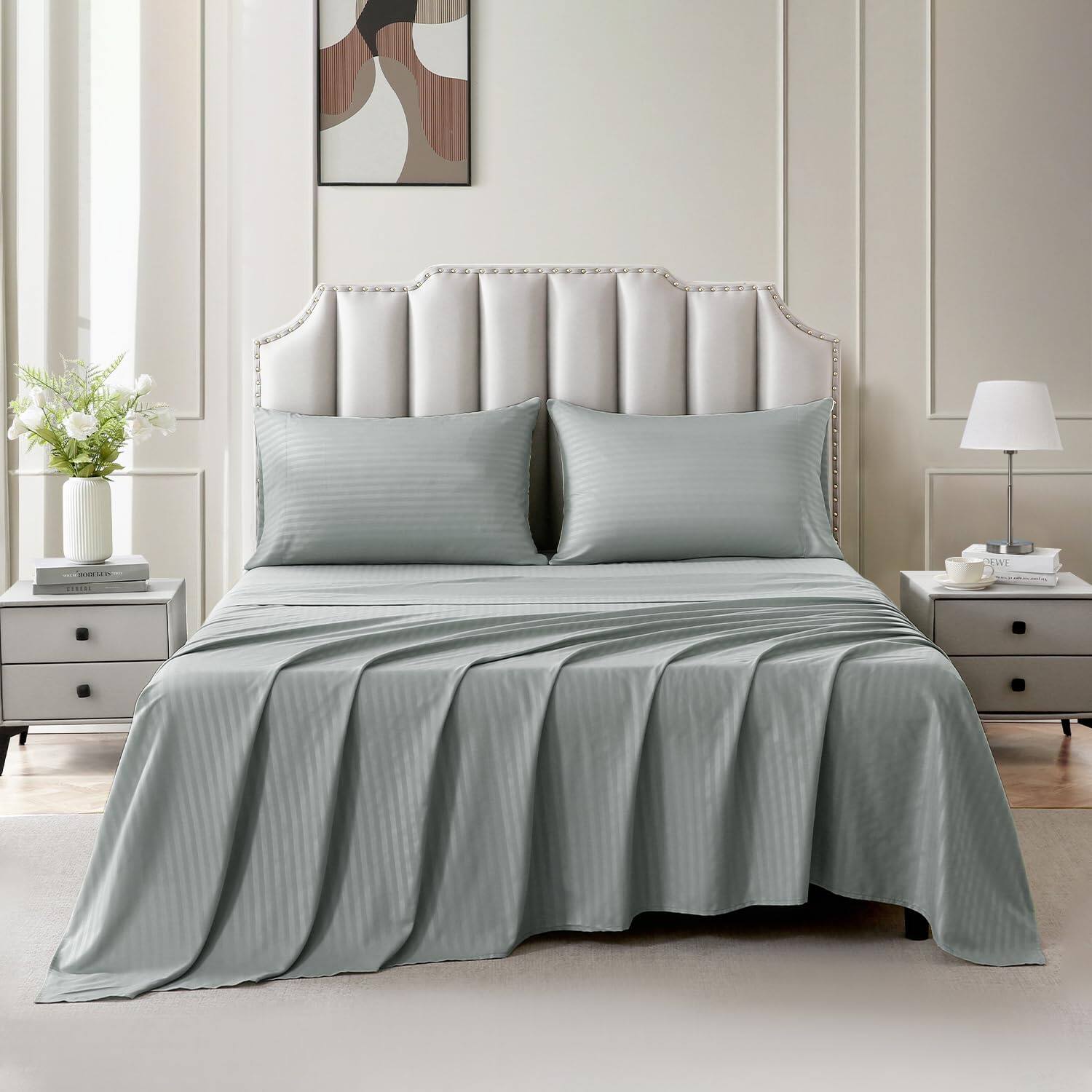 Alt View 2. Skar Audio - Queen Size Sheet Set - Ultra Soft Brushed Microfiber Damask Stripe Deep Pocket Wrinkle-free & Fade Resistan... - Damask-white King.