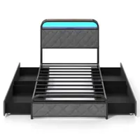Costway Twin Size Bed Frame with LED Lights & Charging Station Storage Headboard - Black - Front_Zoom