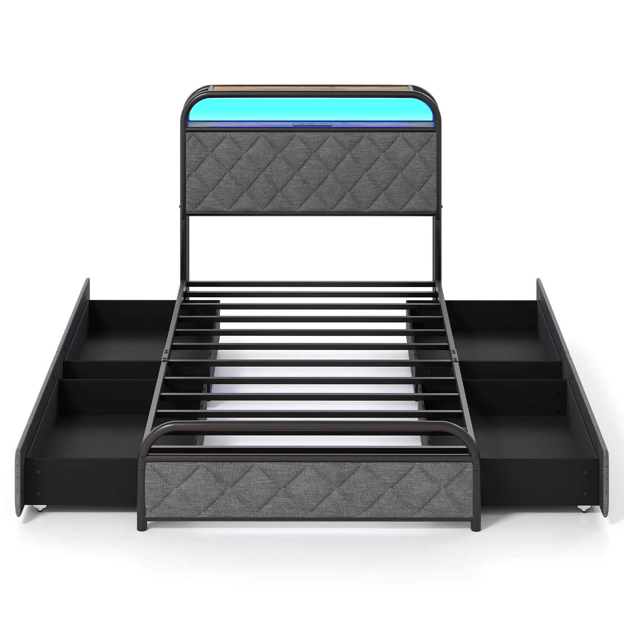 Front. Costway - Twin Size Bed Frame with LED Lights & Charging Station Storage Headboard - Black.