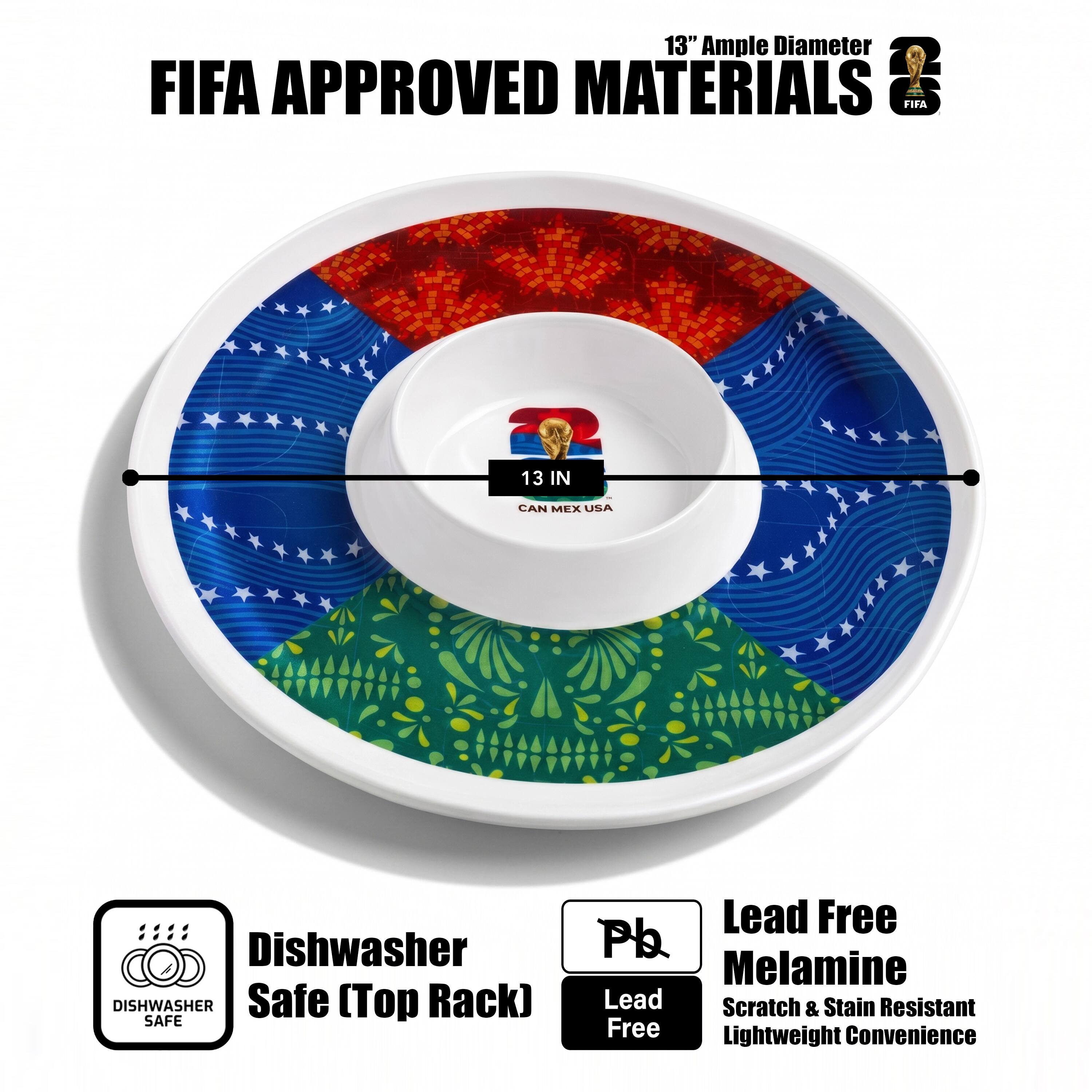 13" Ample Diameter FIFA APPROVED MATERIALS FIFA 13 IN CAN MEX USA Dishwasher DISHWASHER Safe (Top Rack) SAFE Lead Free Pb Melamine Lead Scratch & Stain Resistant Free Lightweight Convenience