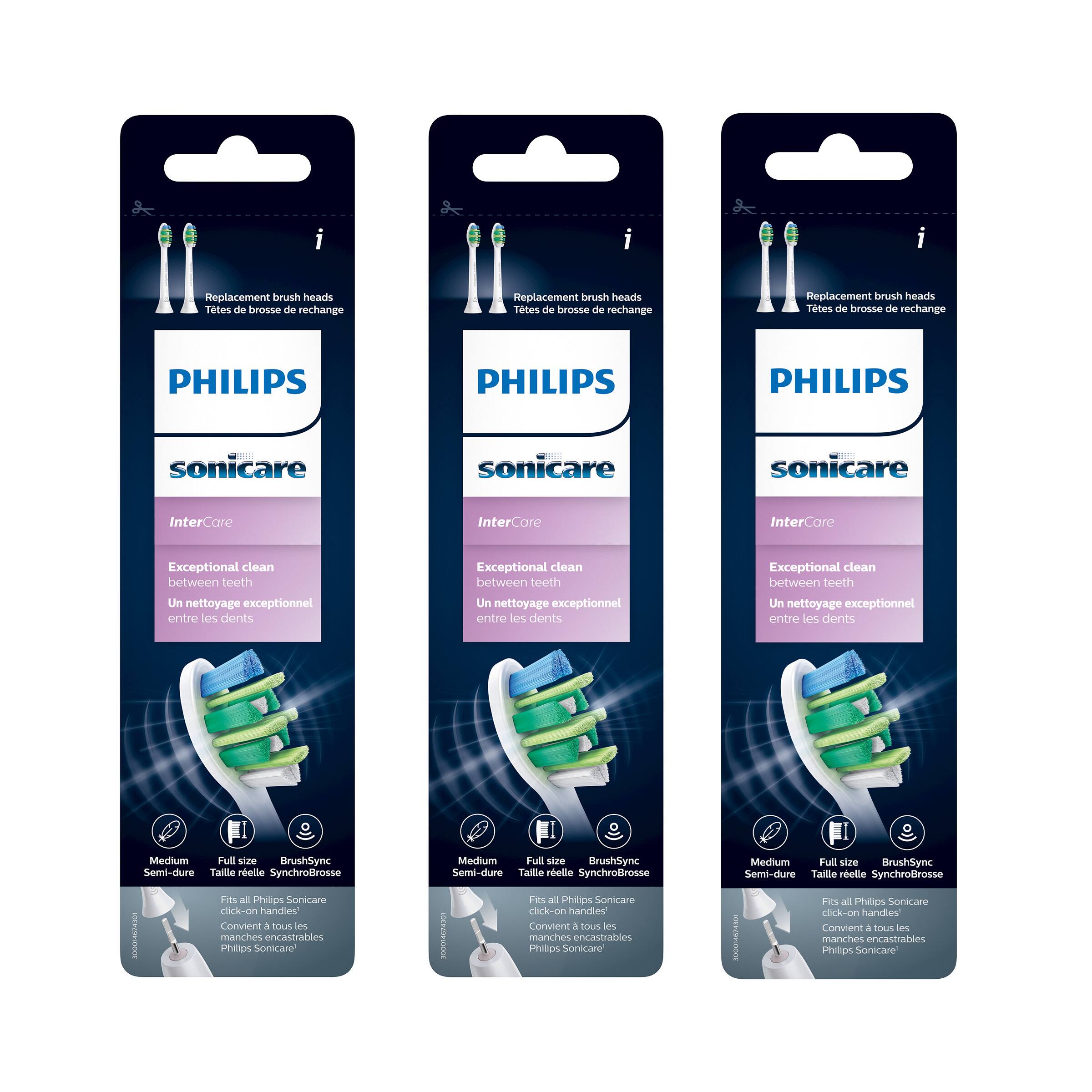 Replacement brush heads  
Têtes de brosse de rechange  
Replacement brush heads  
Têtes de brosse de rechange  
Replacement brush heads  
Têtes de brosse de rechange  

PHILIPS  
sonicare  
InterCare  

Exceptional clean between teeth  
Un nettoyage exceptionnel entre les dents  

Medium Full size BrushSync Semi-dure Taille réelle SynchroBrosse  
Medium Full size BrushSync Semi-dure Taille réelle SynchroBrosse  
Medium Full size BrushSync Semi-dure Taille réelle SynchroBrosse  

Fits all Philips Sonicare click-on handles  
Convient à tous les manches encastrables Philips Sonicare  
Fits all Philips Sonicare click-on handles  
Convient à tous les manches encastrables Philips Sonicare  
Fits all Philips Sonicare click-on handles  
Convient à tous les manches encastrables Philips Sonicare
