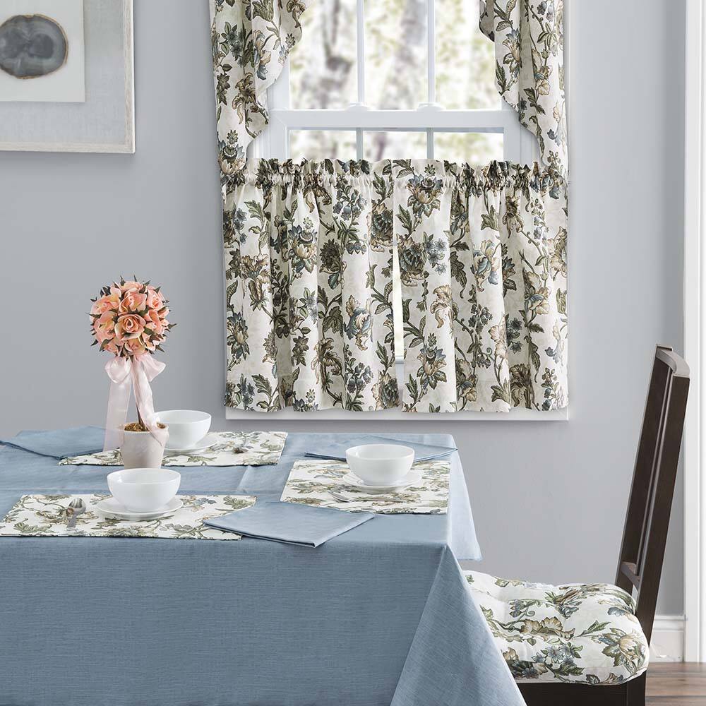 Left. Ellis Curtain - Ellis Curtain Madison Floral Design Printed Natural Ground 1.5" Rod Pocket Tailored Tier 56" x 24" Blue - Blue.