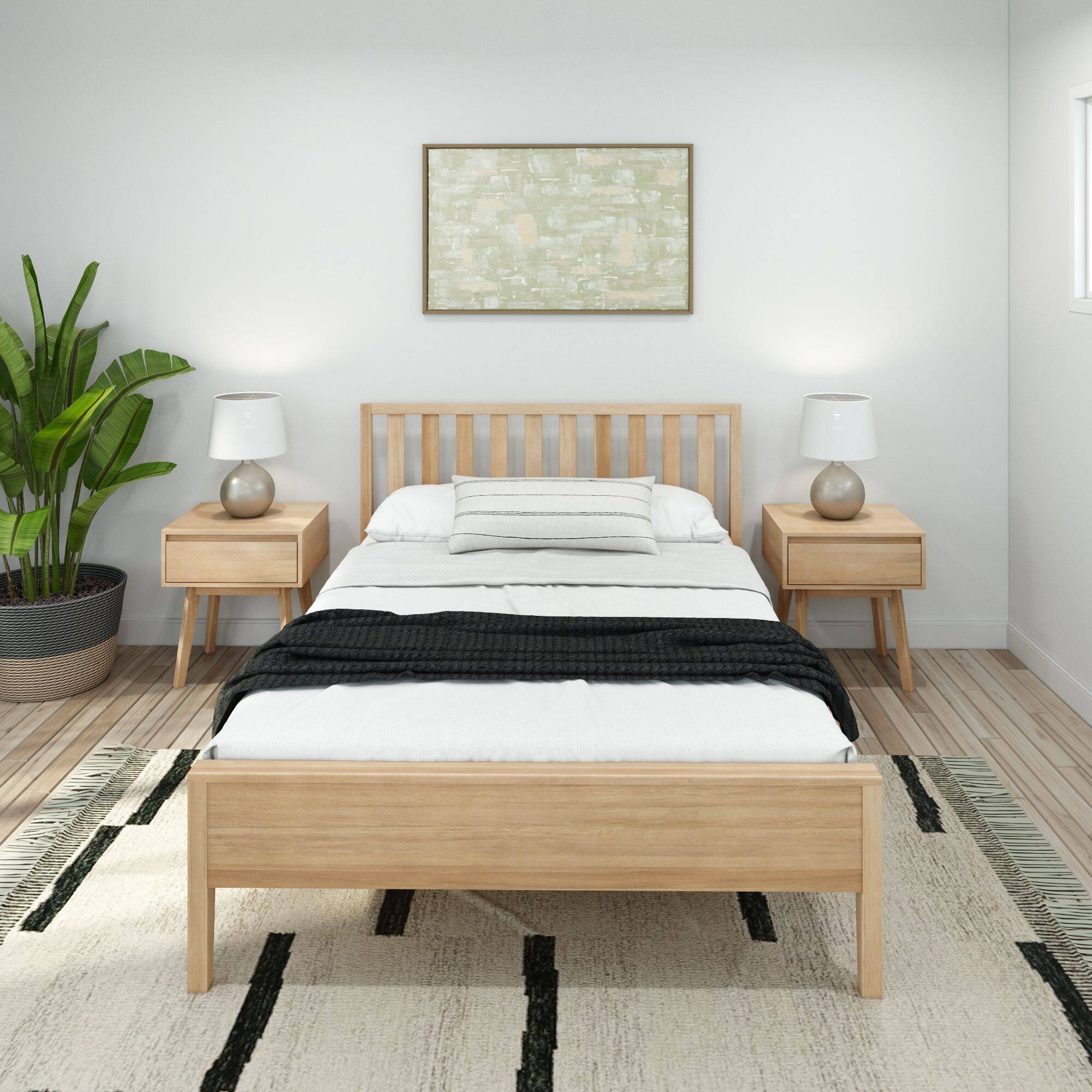 Alt View 1. Plank+Beam - Scandinavian Full-Size Bed with Slatted Headboard, Blonde - Blonde.
