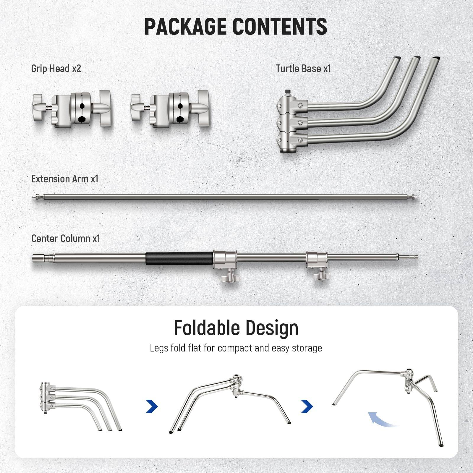 PACKAGE CONTENTS

- Grip Head x2
- Turtle Base x1
- Extension Arm x1
- Center Column x1

Foldable Design
Legs fold flat for compact and easy storage