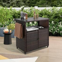 APRILSOUL - Outdoor Wicker Bar Cart with Wheels Rolling Rattan Beverage Bar Counter Table with Glass Top Light brown - Black+Brown