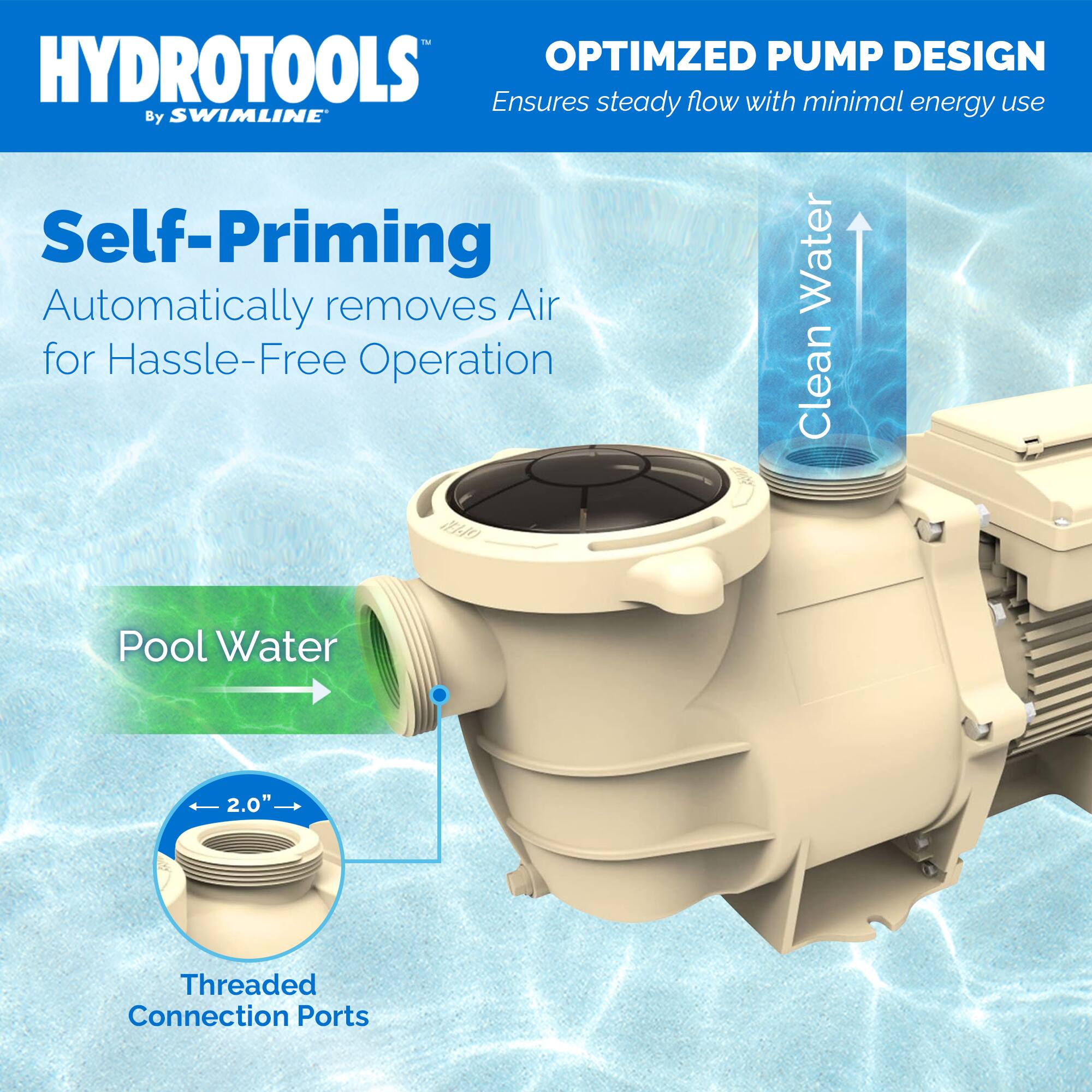 HYDROTOOLS  
By SWIMLINE™

OPTIMIZED PUMP DESIGN  
Ensures steady flow with minimal energy use

Self-Priming  
Automatically removes Air for Hassle-Free Operation

Clean Water

Pool Water

Threaded Connection Ports  
2.0"