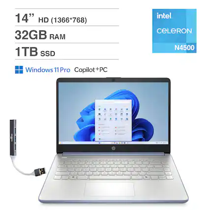 14" HD (1366*768)
32GB RAM
1TB SSD
Intel Celeron N4500
Windows 11 Pro Copilot+PC