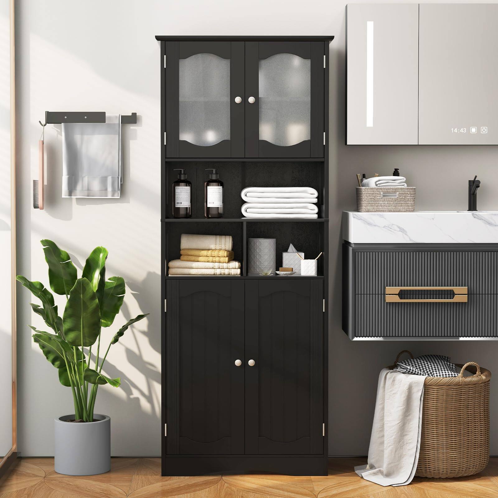Alt View 1. Ecooso - 58.5 Inch Freestanding Linen Bathroom Storage Cabinet with Frost Glass Doors - Black.