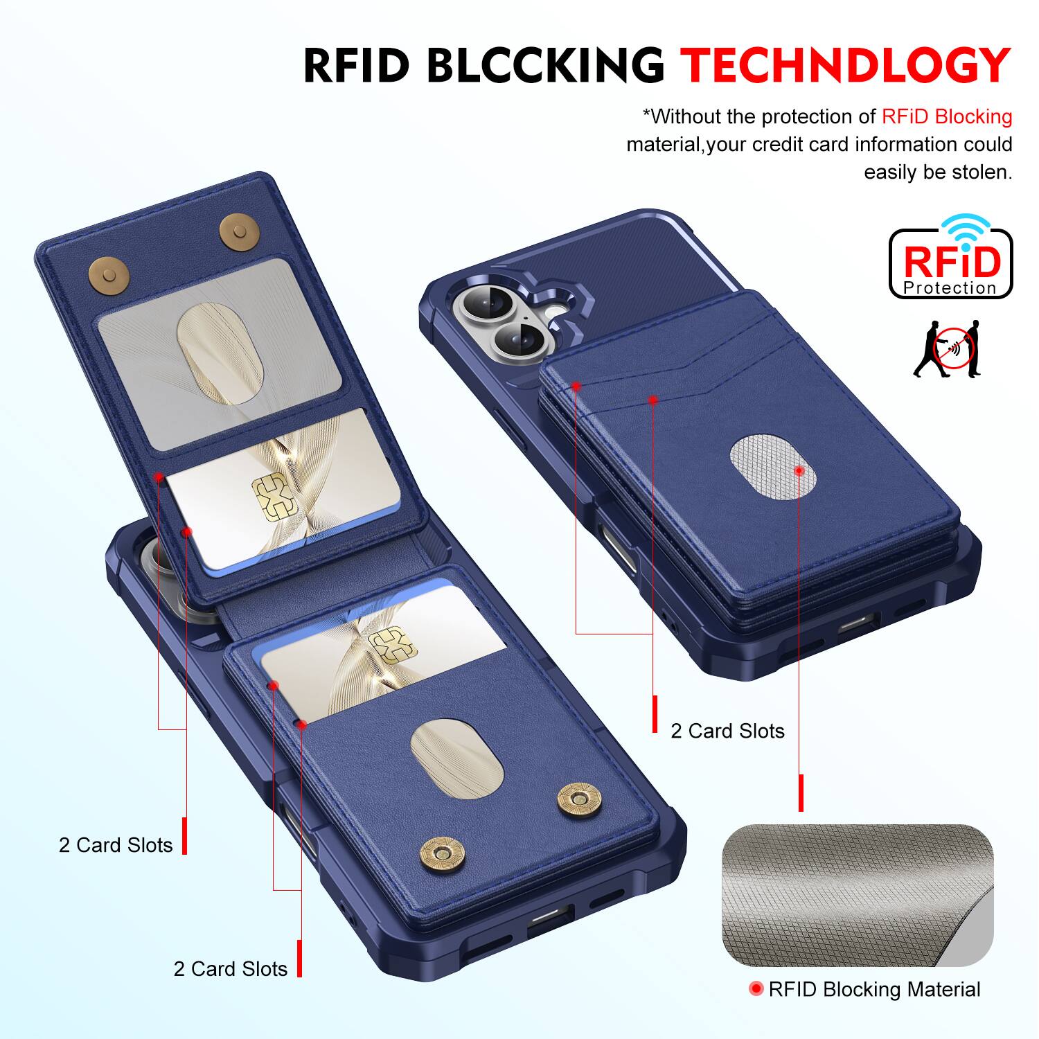 RFID BLOCKING TECHNOLOGY

*Without the protection of RFID Blocking material, your credit card information could easily be stolen.

RFID Protection

2 Card Slots

2 Card Slots

2 Card Slots

RFID Blocking Material
