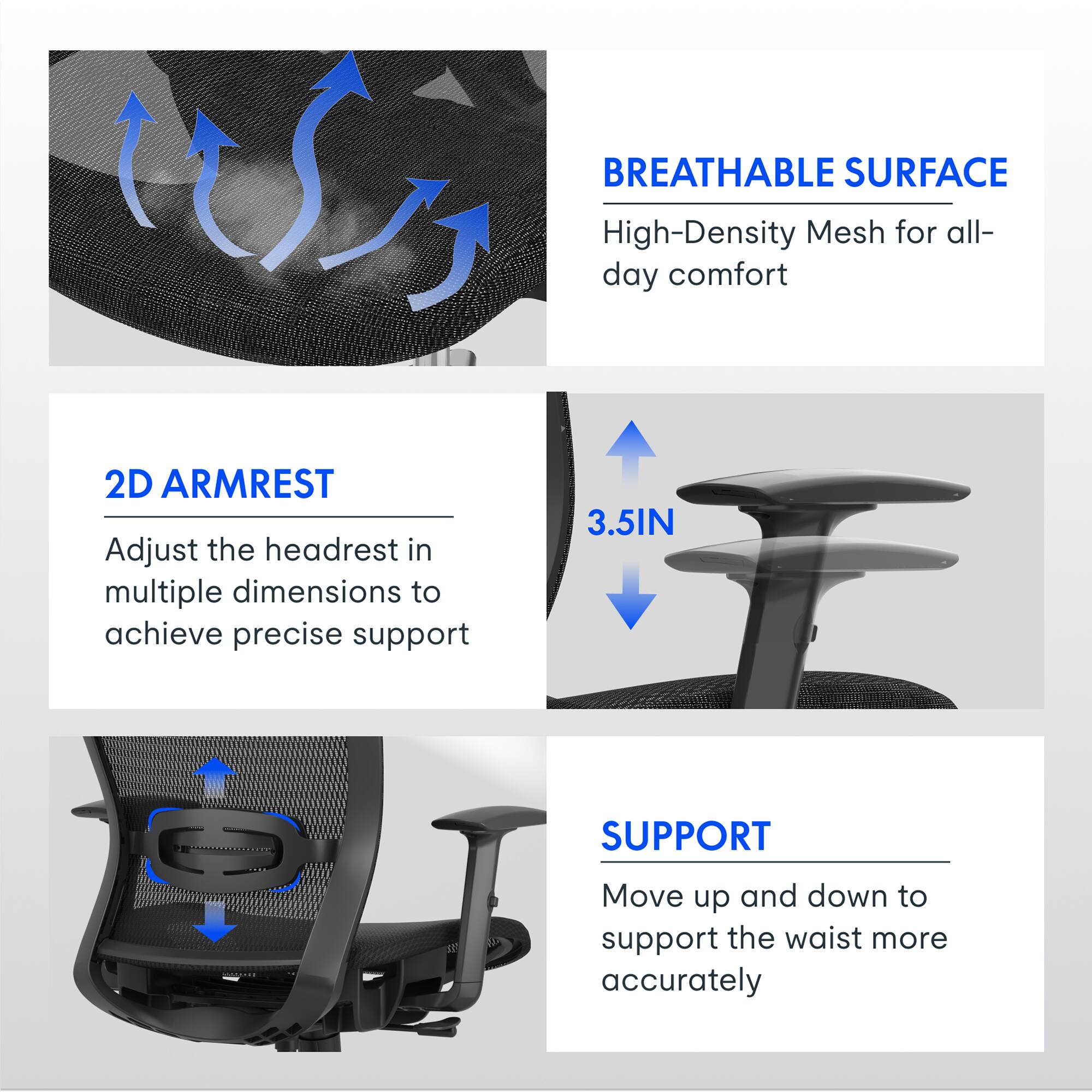 BREATHABLE SURFACE  
High-Density Mesh for all-day comfort  

2D ARMREST  
Adjust the headrest in multiple dimensions to achieve precise support  

3.5IN SUPPORT  
Move up and down to support the waist more accurately