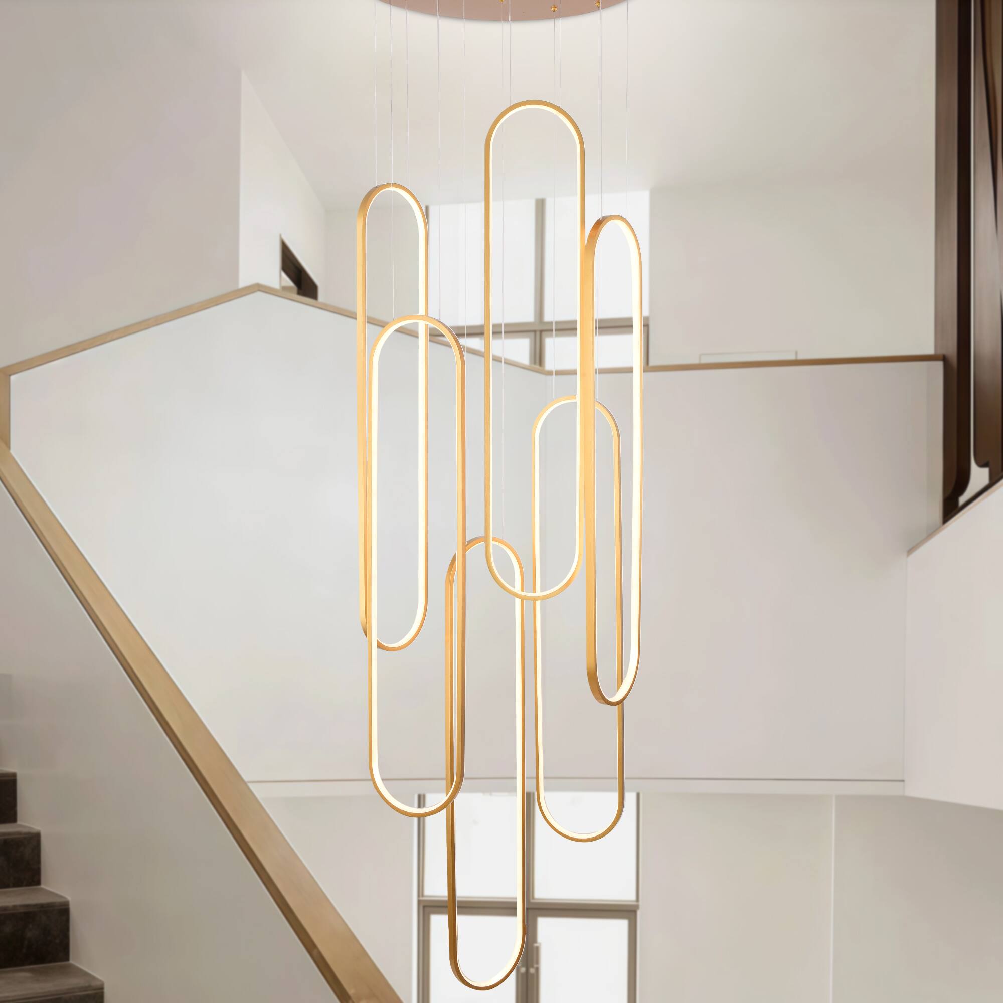 Front. RYHNUYNE - 6-Ring Modern LED Dimmable Pendant Light Fixture,Gold Large High Ceiling Chandelier,Contemporary Light for Staircase - Gold.