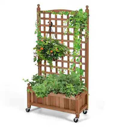 Front. Mondawe - 50 Inch Wooden Planter Box with Trellis and Lockable Wheels, Raised Garden Bed - Brown.