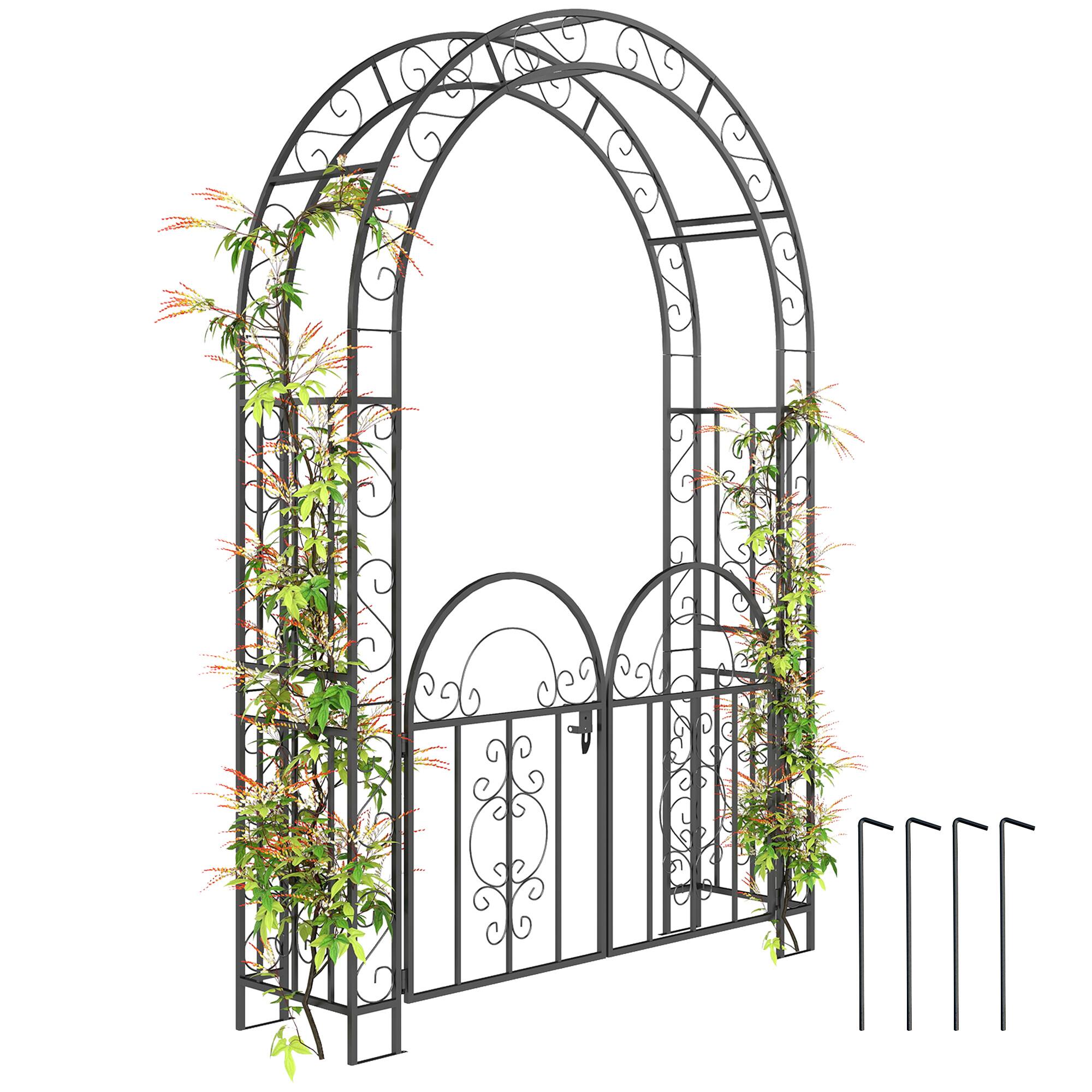 Front. Outsunny - 7.4ft Steel Garden Arch with Gate, Garden Arbor Trellis for Climbing Plants, Roses, Vines, Wedding Arch Stand - Black.