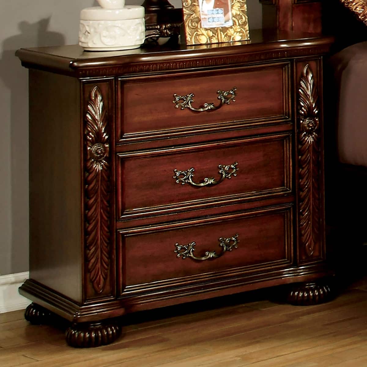 Loheer - Solid Wood Nightstand Cherry Three Drawer Bedside Table - Brown