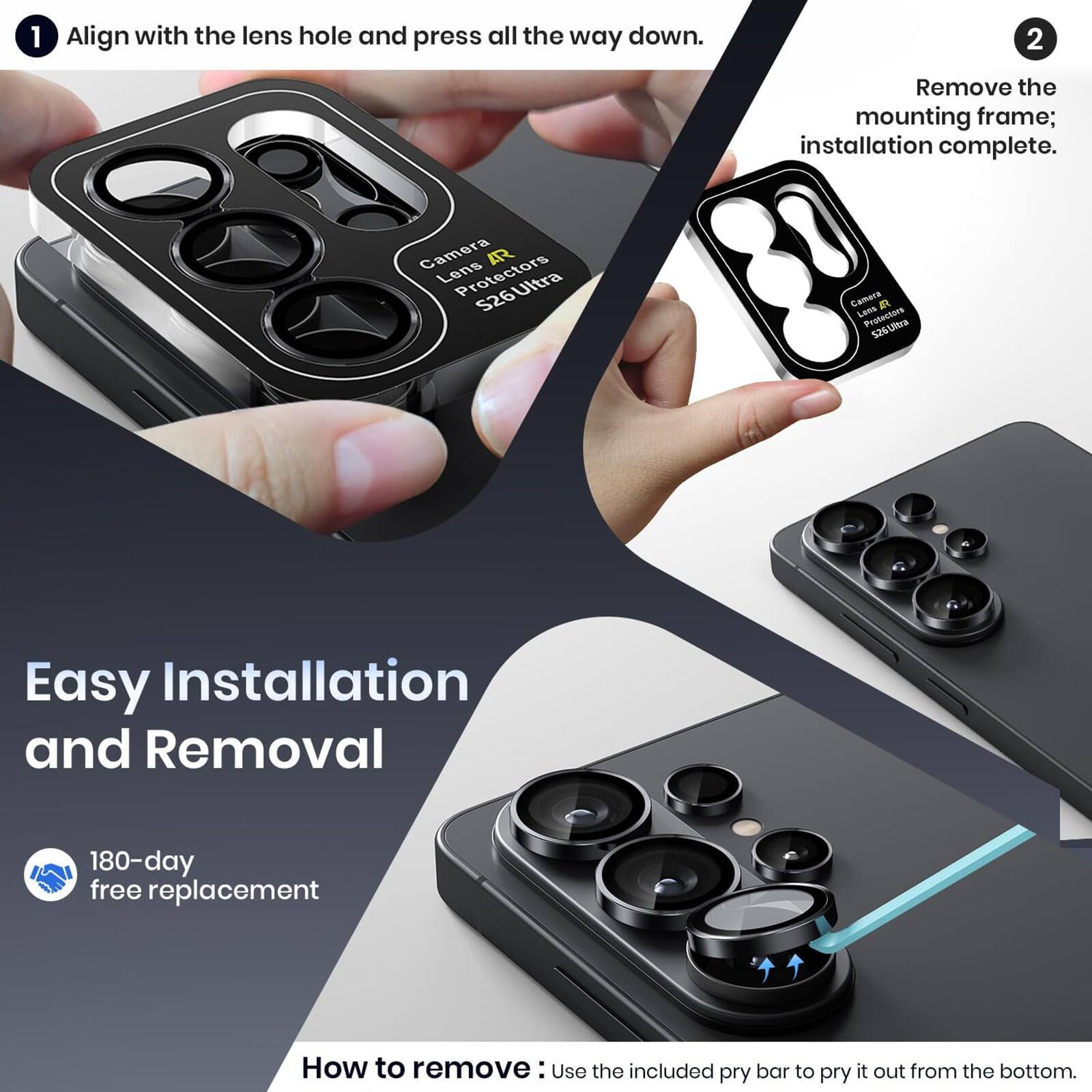 1. Align with the lens hole and press all the way down.
2. Remove the mounting frame; installation complete.

Camera Lens AR Protectors
Cameras F Lens Protectors
525ta
Easy Installation and Removal
180-day free replacement

How to remove: Use the included pry bar to pry it out from the bottom.
