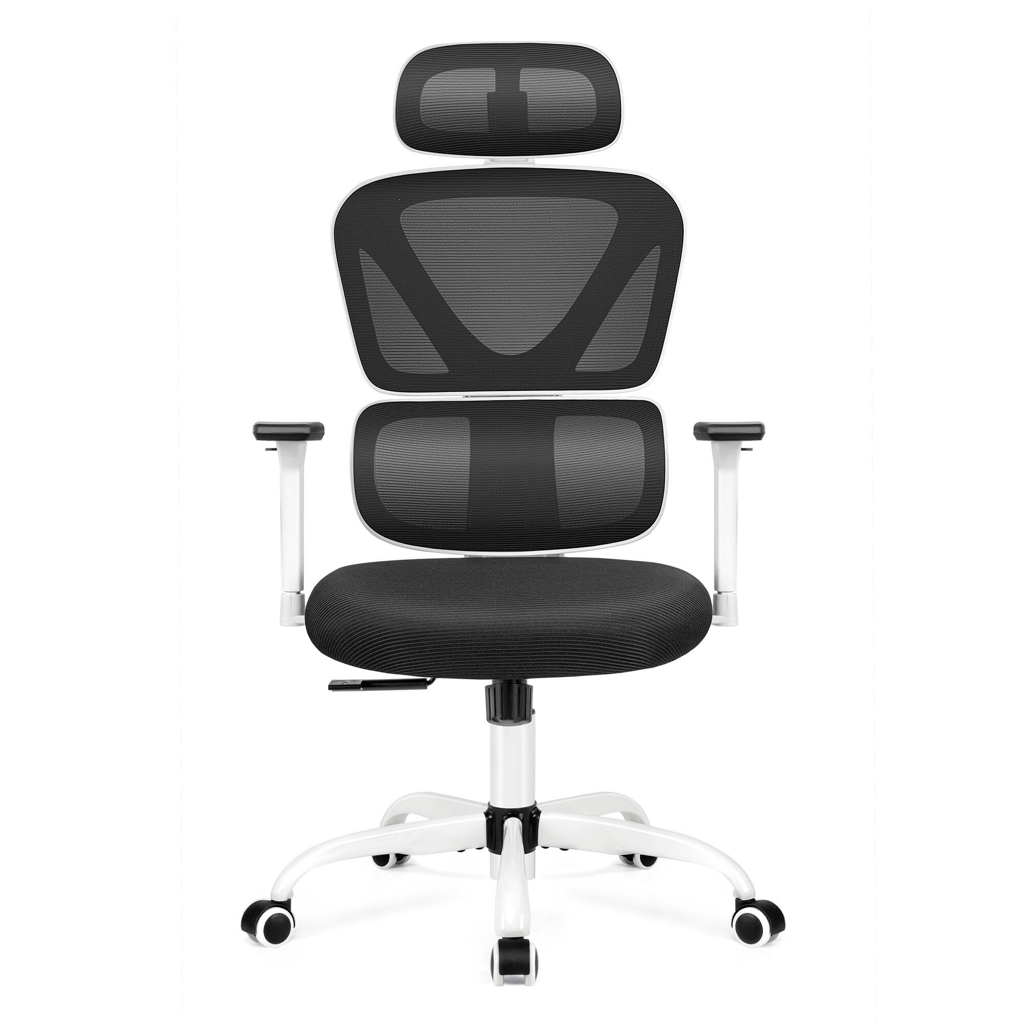 Back. Brick Attic - Office Chair with Lumbar Support, High Back Mesh Gaming Chair with Adjustable Headrest and Armrests, Ergonomic - White.