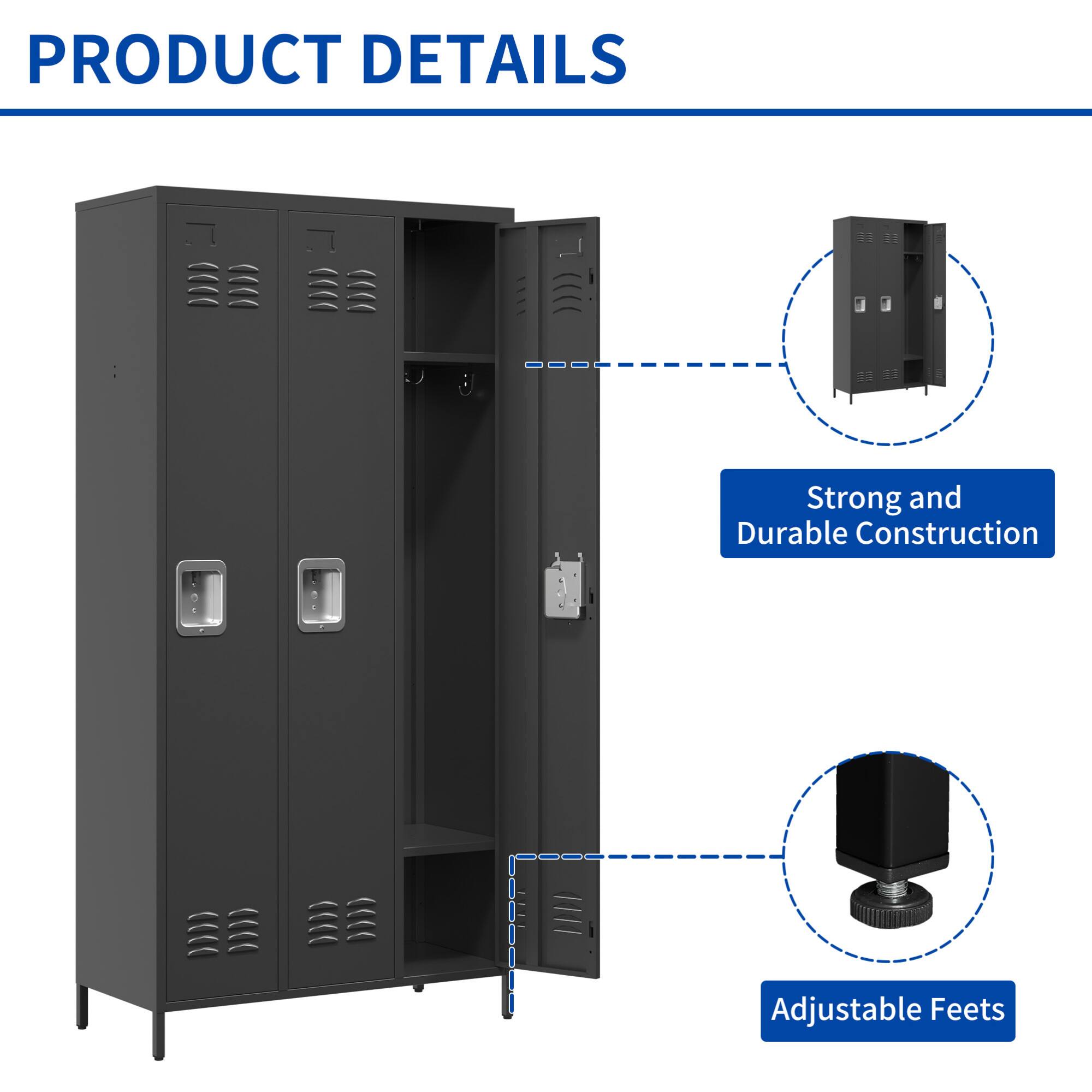 Left. GOODSILO - Three-Door Steel Storage Locker Cabinet for Secure Organization in Home Gym Office or Garage - Black.