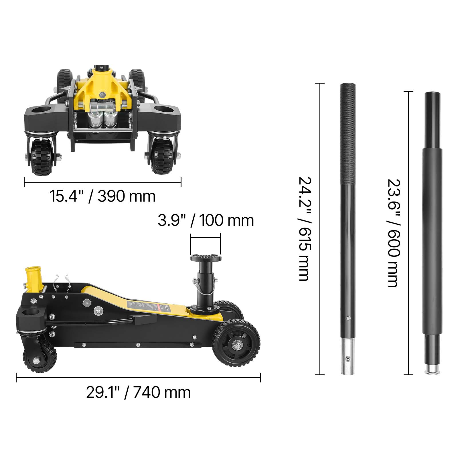 15.4" / 390 mm  
3.9" / 100 mm  
24.2" / 615 mm  
23.6" / 600 mm  
29.1" / 740 mm