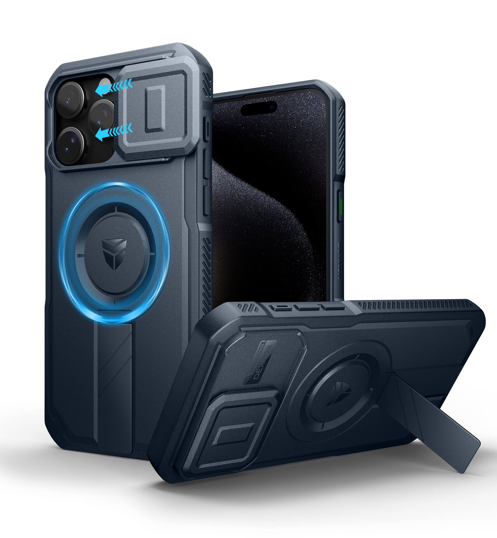 Angle. Dexnor - Phone Case for iPhone 15 Pro Max with Slide Camera Cover, Compatible with MagSafe Heavy-Duty Rugged Magnetic Shockproof - Navy Blue.