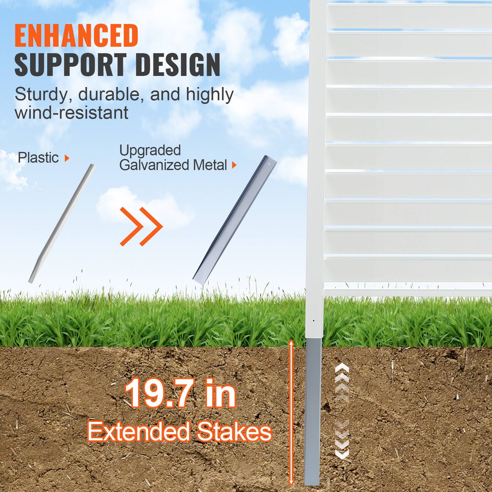 ENHANCED SUPPORT DESIGN Sturdy, durable, and highly wind-resistant Plastic Upgraded Galvanized Metal 19.7 in Extended Stakes