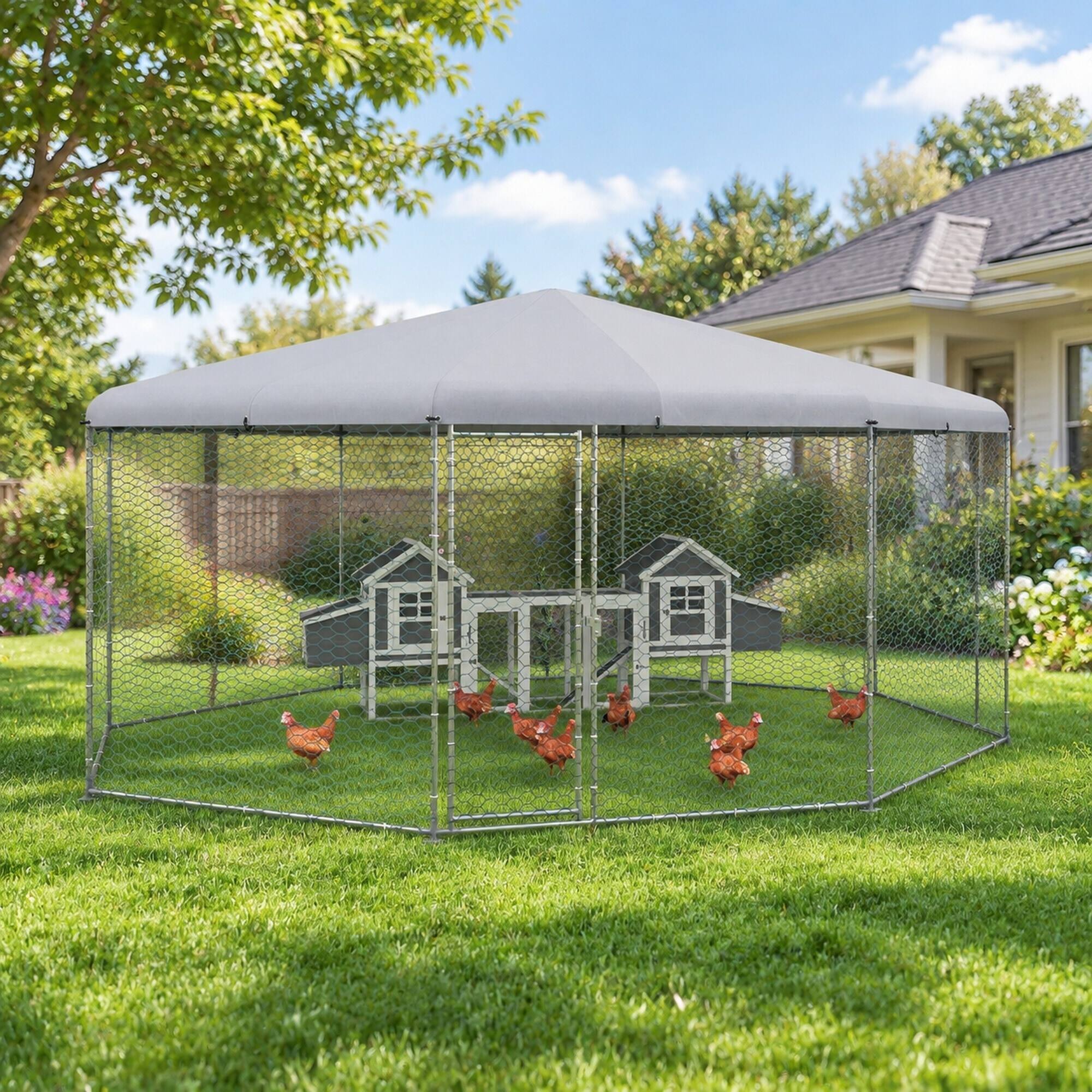 Left. RYHNUYNE - 17 ft x 15.7 ft x 9 ft Walk-In Metal Chicken Coop, Waterproof Anti-UV Cover, Lockable Door, Rust-Resistant Frame.