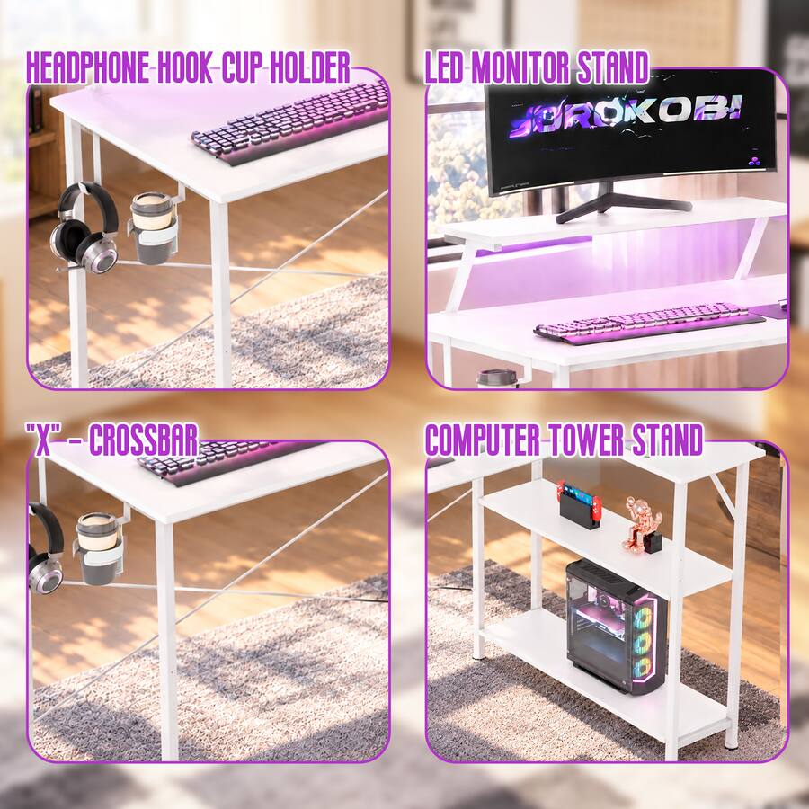 Gaming Led Cpu GTPlayer L Shaped Gaming Desk with Power Outlets LED Lights 42
