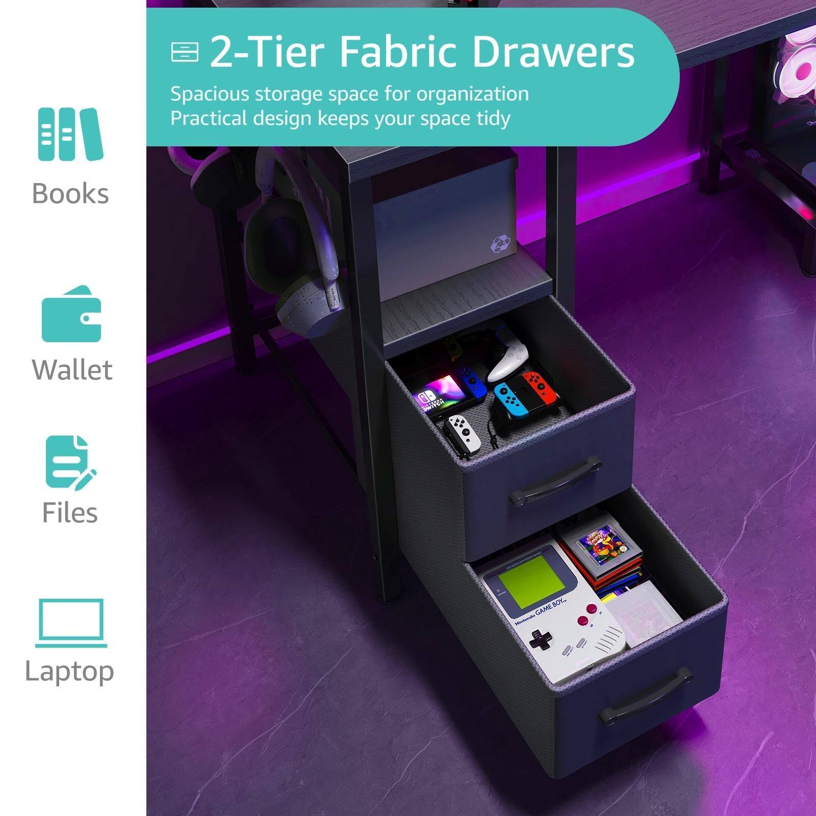 2-Tier Fabric Drawers  
Spacious storage space for organization  
Practical design keeps your space tidy  

Books  
Wallet  
Files  
Laptop